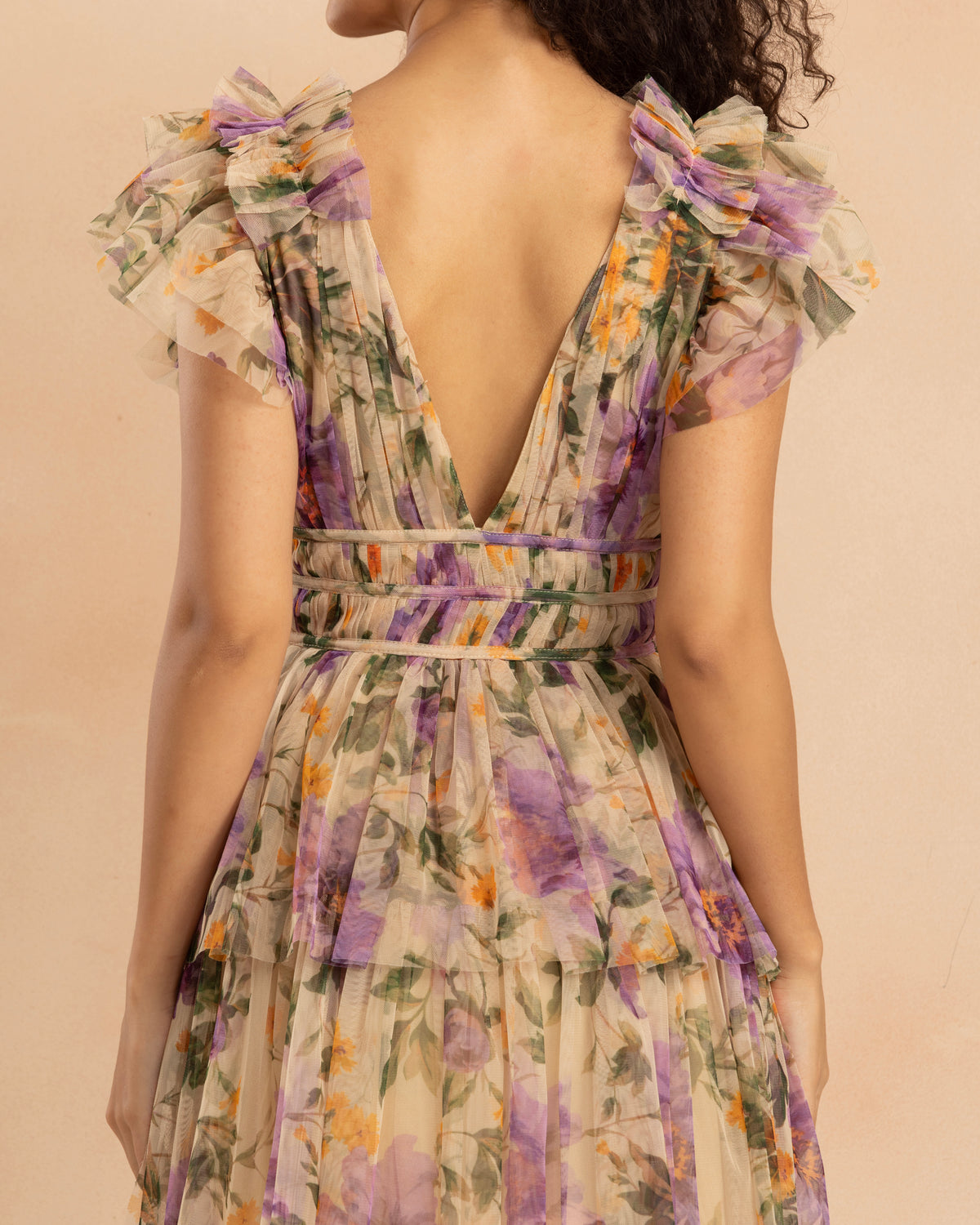 Naomi Tulle Mini Dress in Purple Botanical Print
