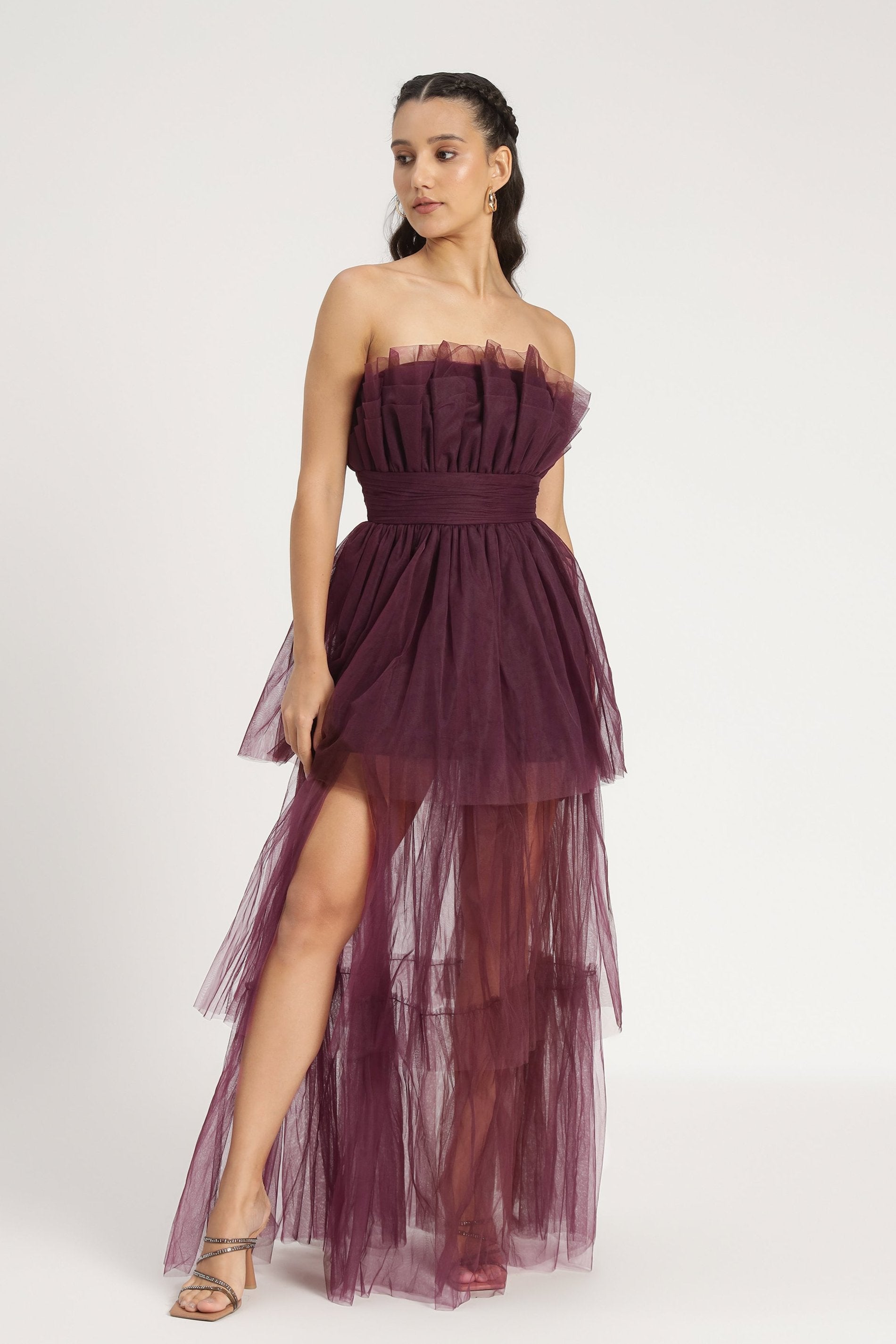 Strapless tulle purple maxi dress tiered-skirt