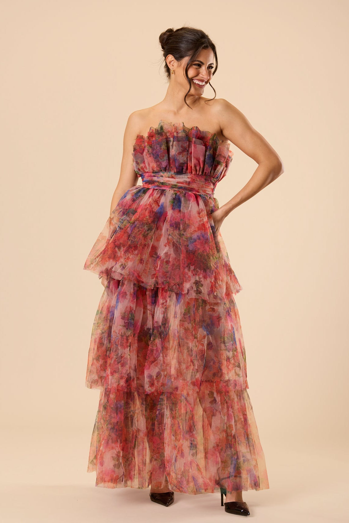 Stapless Tulle Cinched Waist Tiered Maxi Dress Bridesmaids Wedding Guest Pink Floral Print