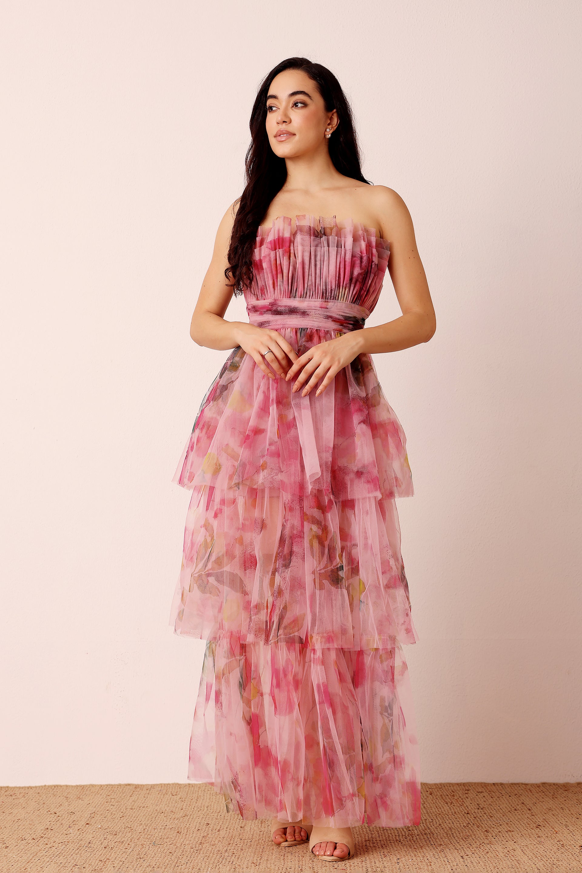 Strapless tulle layered maxi gown pink purple floral cinched waist