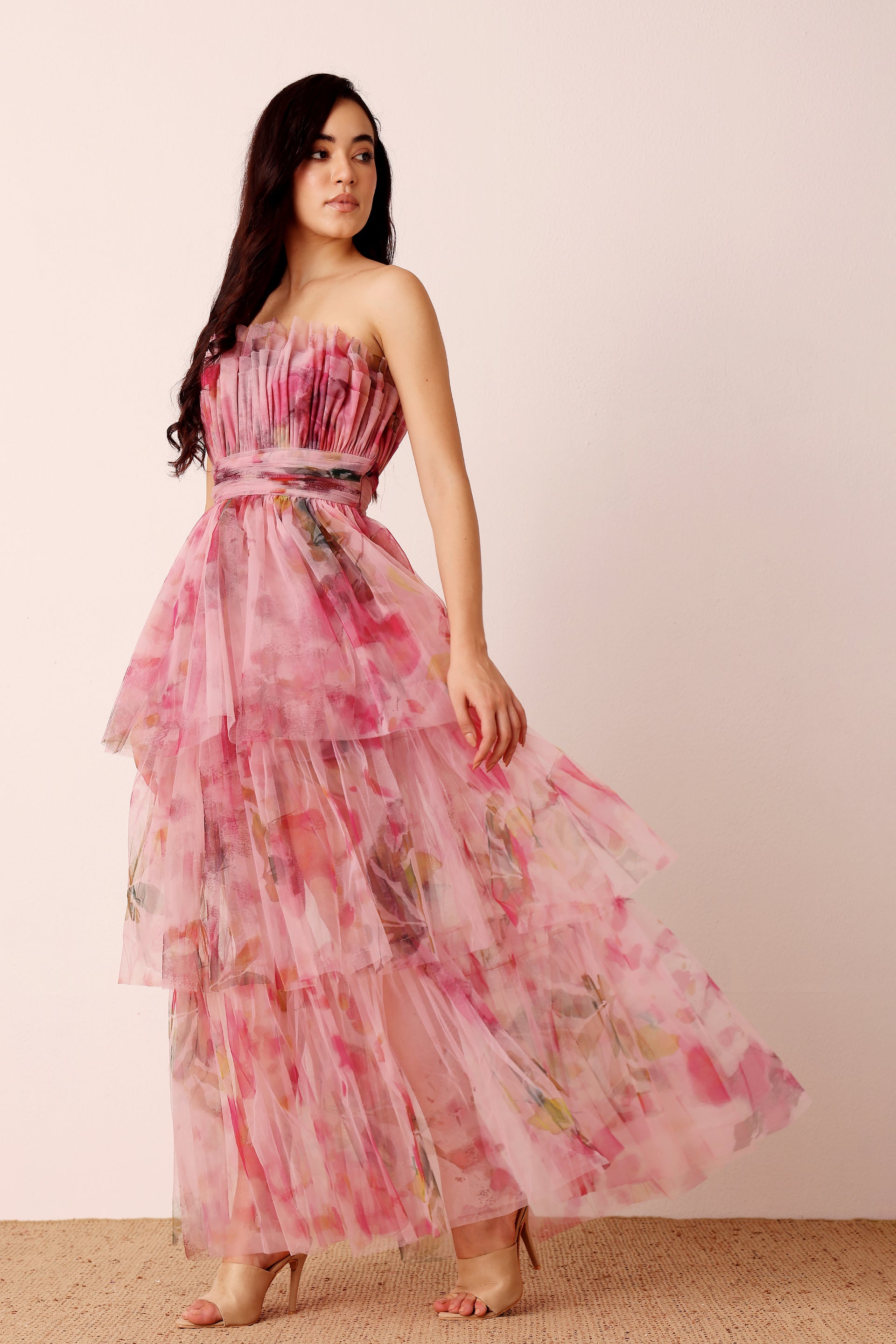 Natalia Tulle Maxi Dress in Vivid Pink Purple Floral