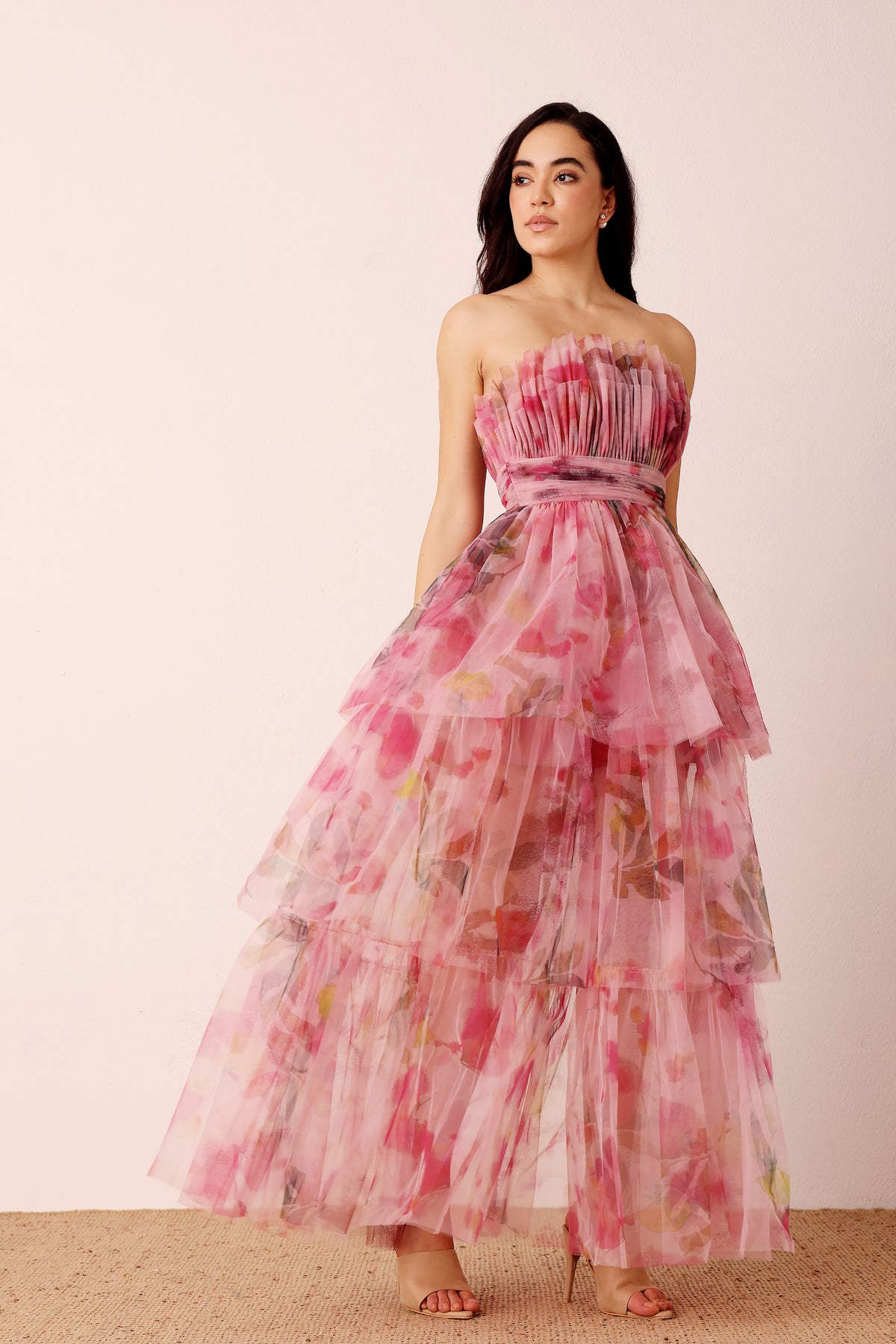Natalia Tulle Maxi Dress in Vivid Pink Purple Floral