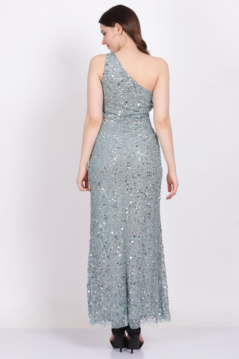 Naeve One Shoulder Sequin Dress in Teal