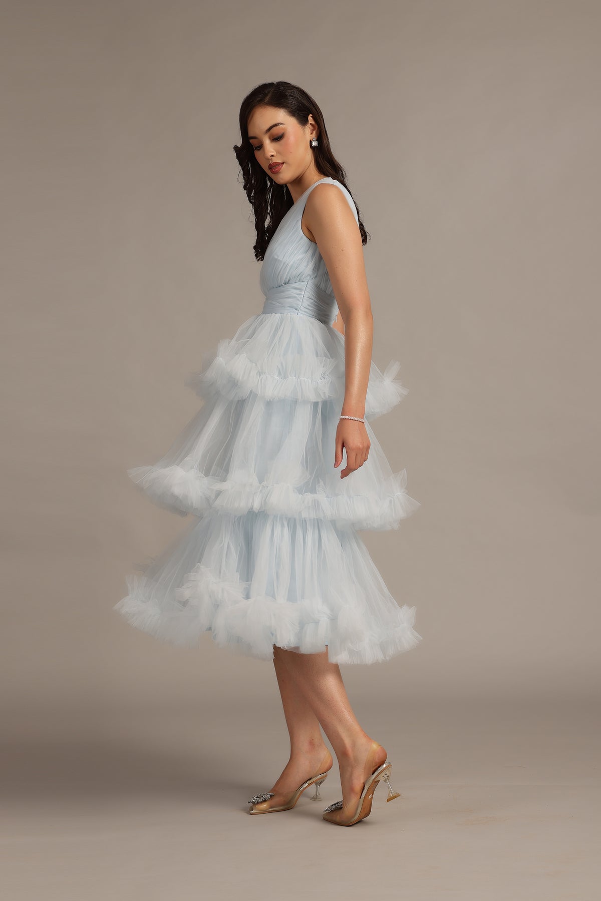 Plunging wedding guest formal tutu layered tulle midi powder blue dress