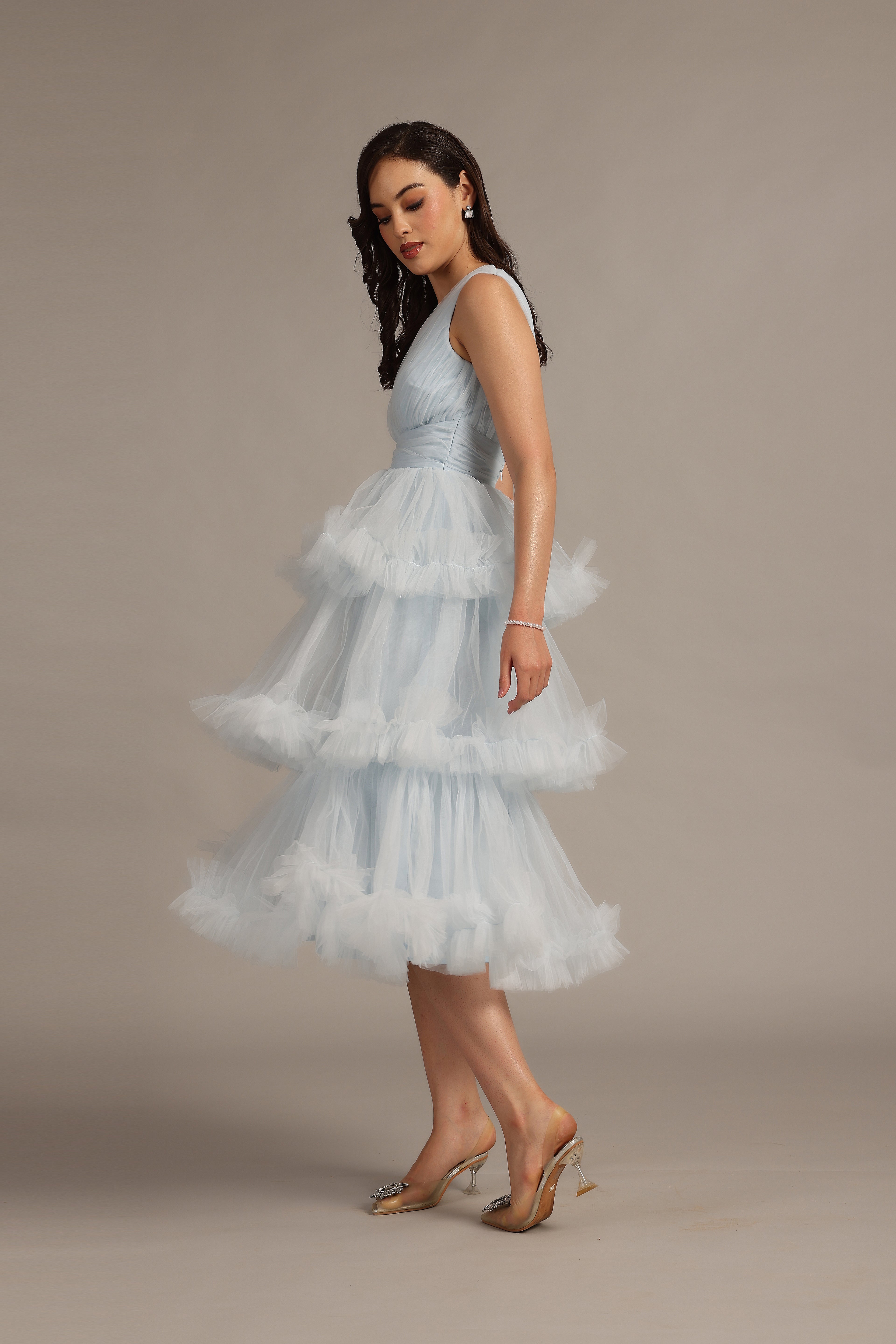 Plunging wedding guest formal tutu layered tulle midi powder blue dress