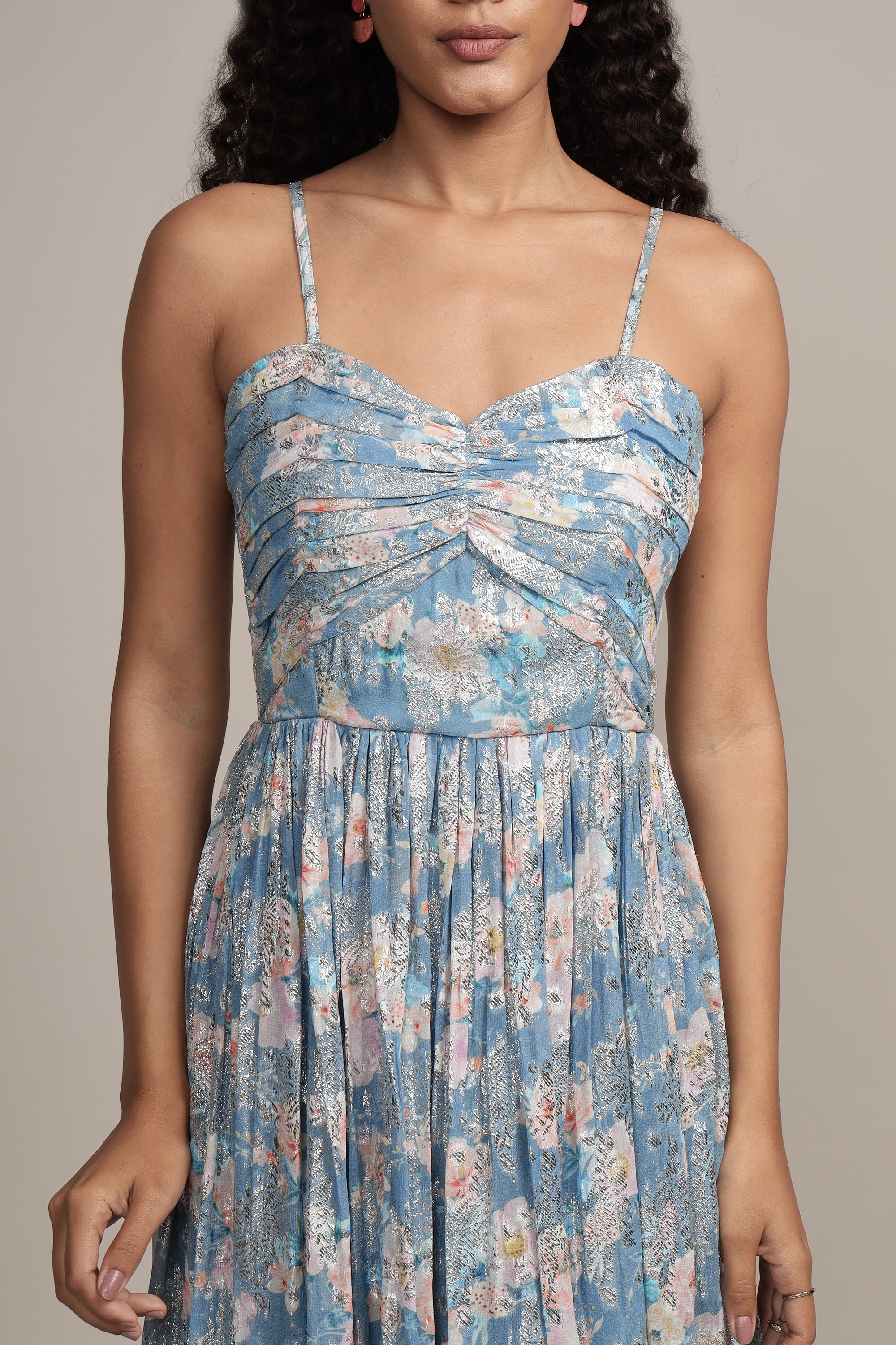 Nelex Metallic Printed Midi Dress in Blue