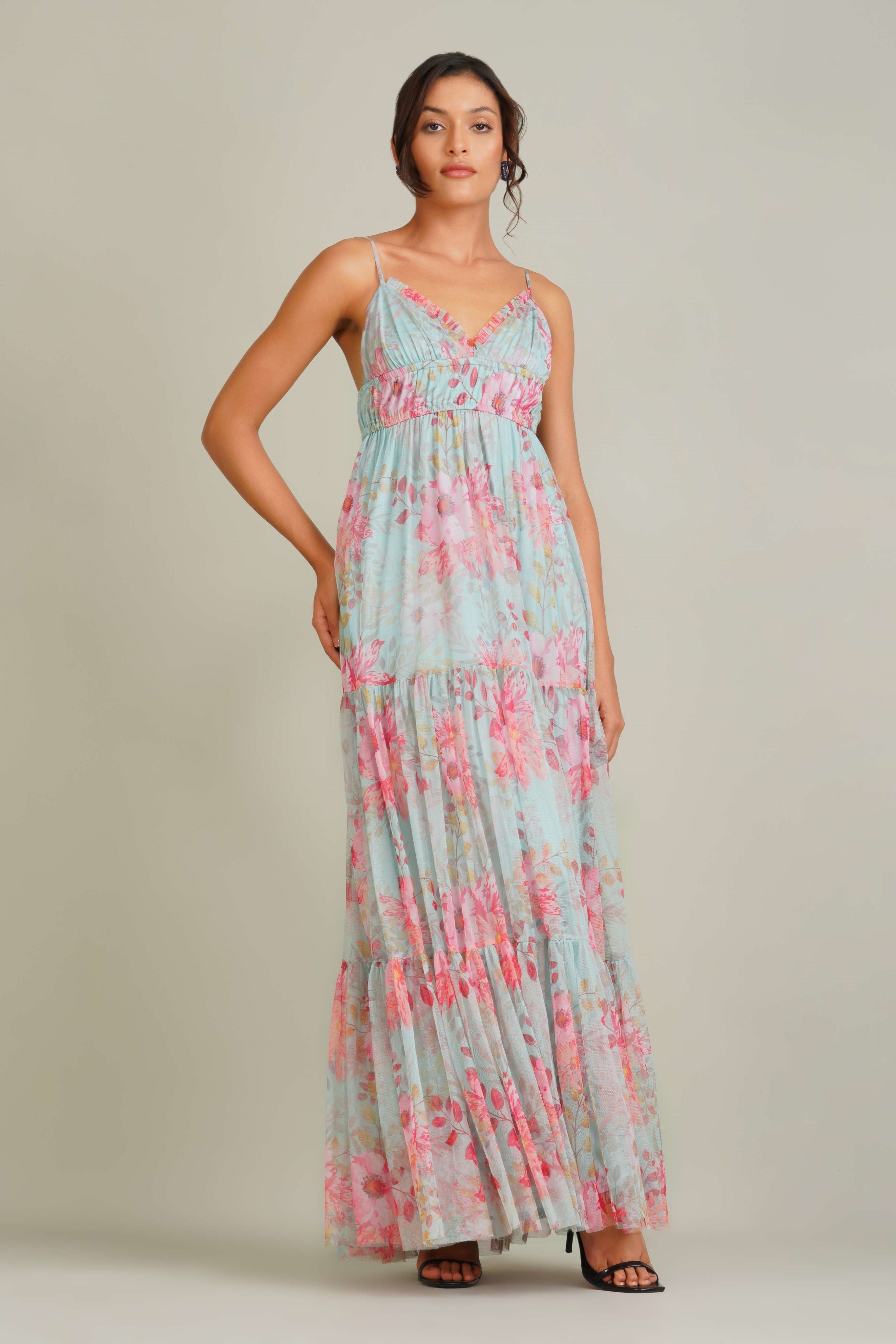 Strappy floral mint pink tulle maxi empire waist holiday dress