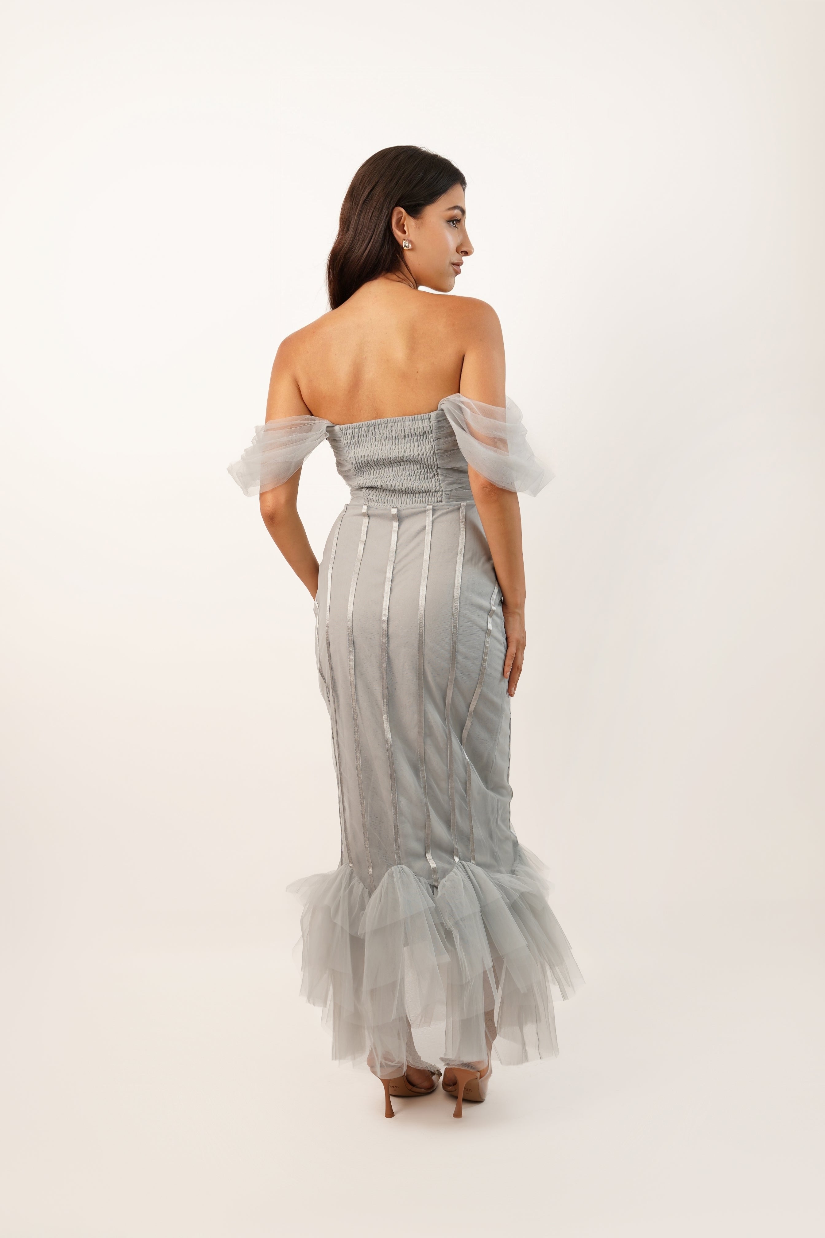 Neros Dusty Blue Off Shoulder Midi Dress UK10 / Dusty Blue Neros Dusty Blue Off Shoulder Midi Dress UK10 / Dusty Blue