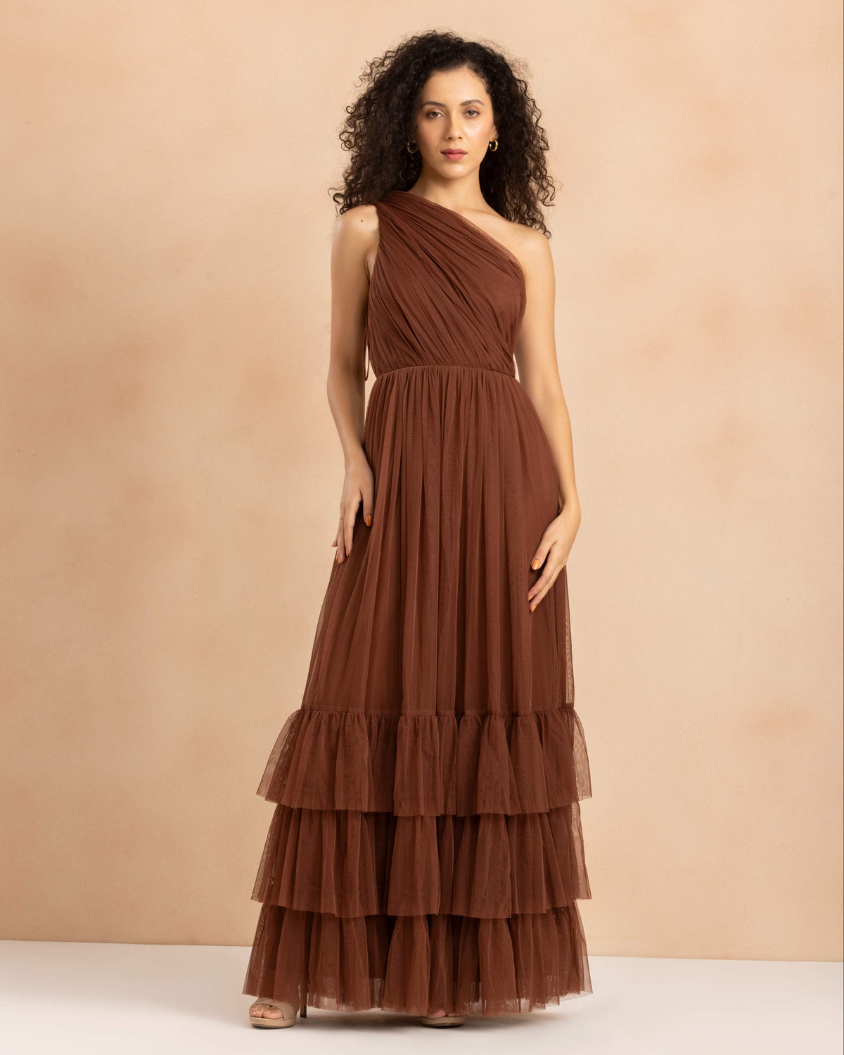 Nicolette One Shoulder Maxi Dress in Deep Brown