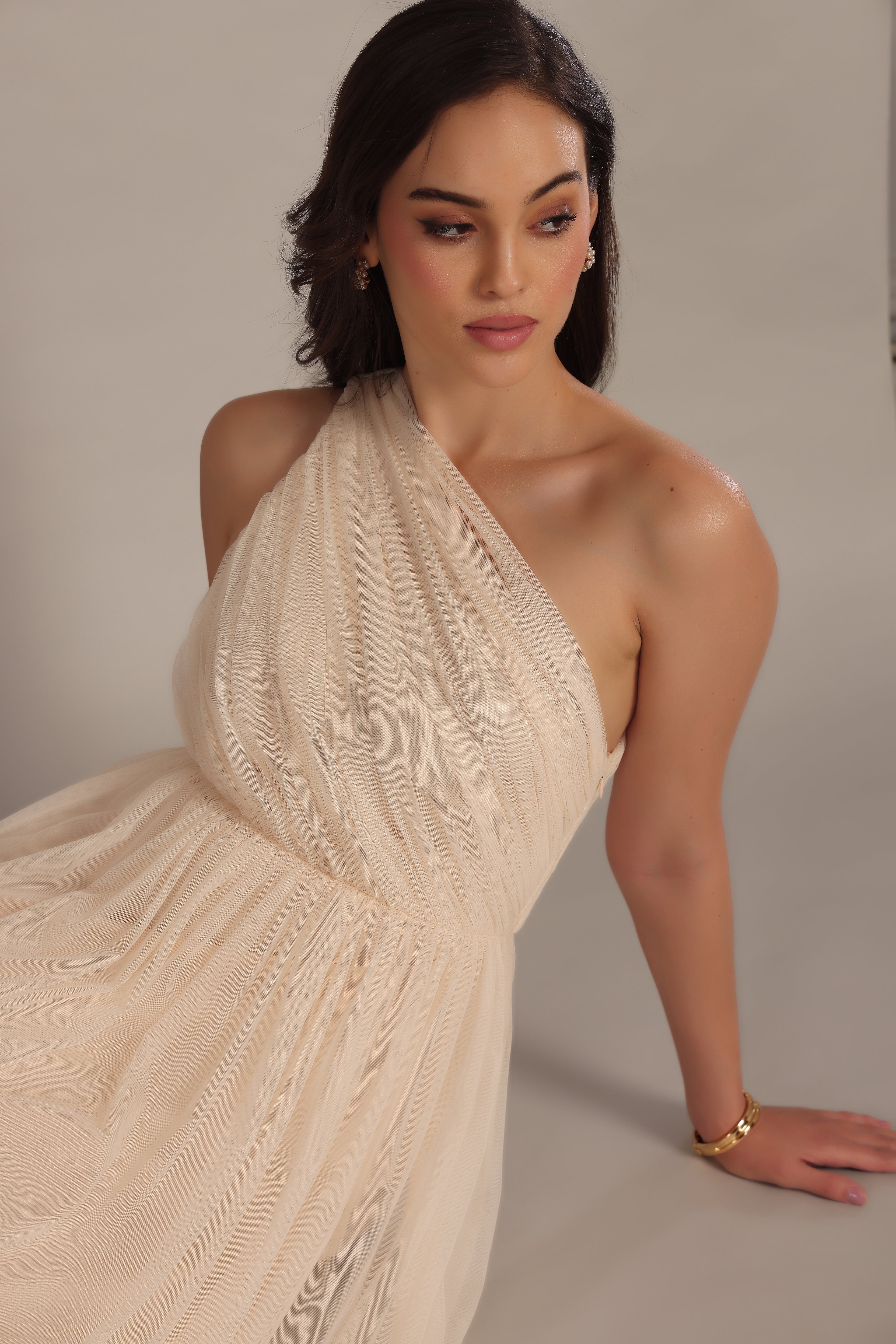 Nicolette One Shoulder Maxi Dress in Champagne Lace & Beads Nicolette One Shoulder Maxi Dress in Champagne Lace & Beads