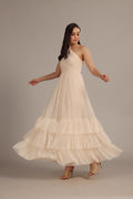 One Shoulder Maxi Tulle Champagne Beige Maxi Bridesmaid Wedding Guest Formal Dress
