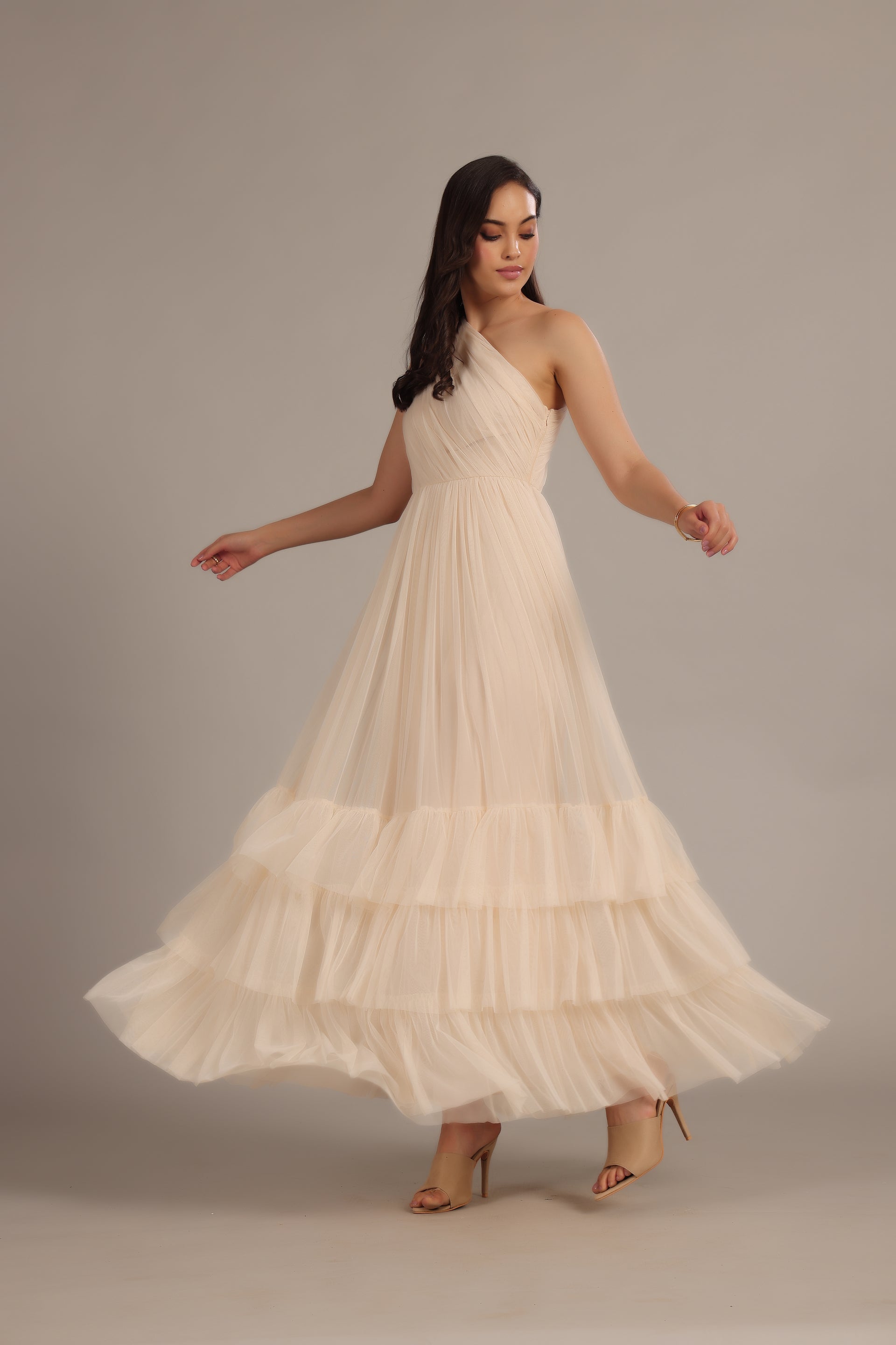 One Shoulder Maxi Tulle Champagne Beige Maxi Bridesmaid Wedding Guest Formal Dress