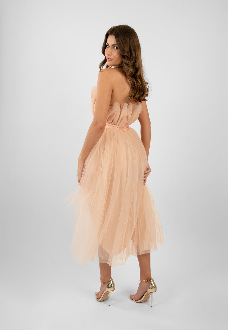 Nidha High Low Tulle Dress in Nude