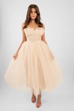 Nimo Cream Tulle Midi Dress with Shell Cups