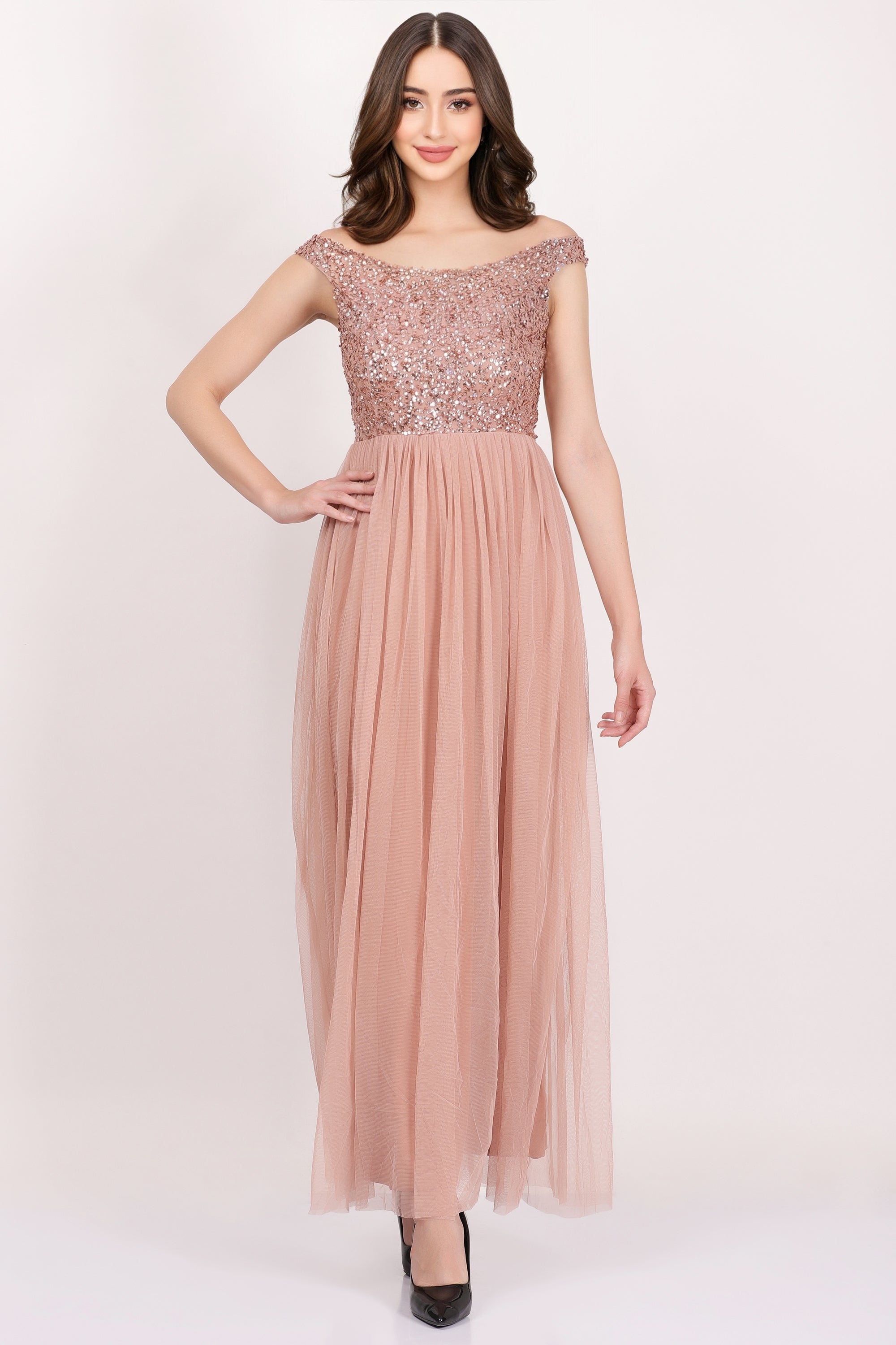 Nina Taupe Embellished Bridesmaid Maxi Dress L / Taupe