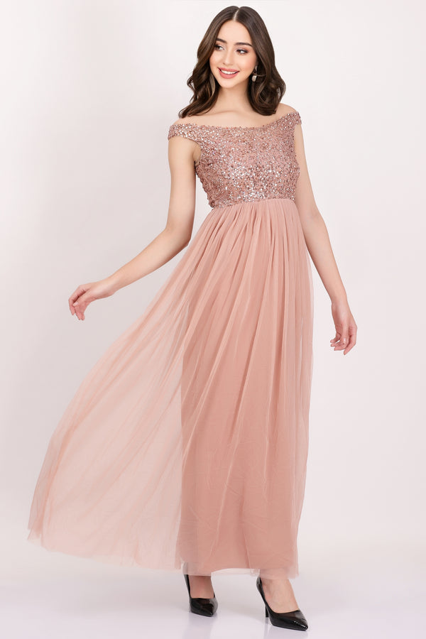 Nina Taupe Embellished Bridesmaid Maxi Dress