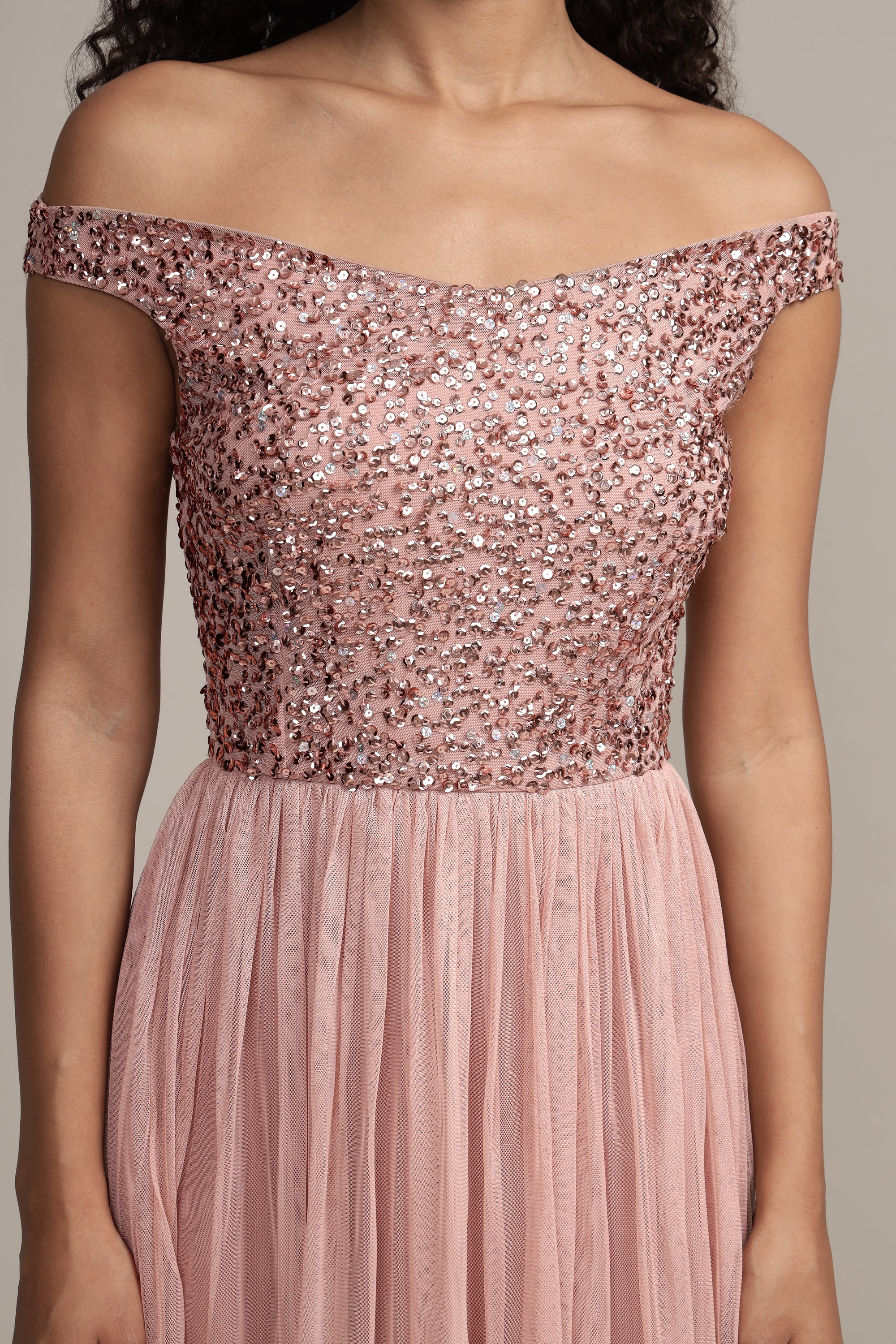 Nina Taupe Embellished Bridesmaid Maxi Dress – Lace & Beads
