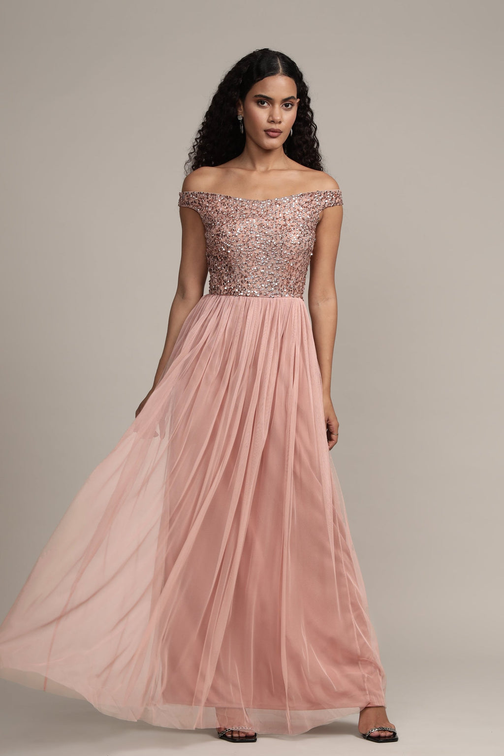 blue dress for baby girl Nina Taupe Embellished Bridesmaid Maxi Dress – Lace & Beads
