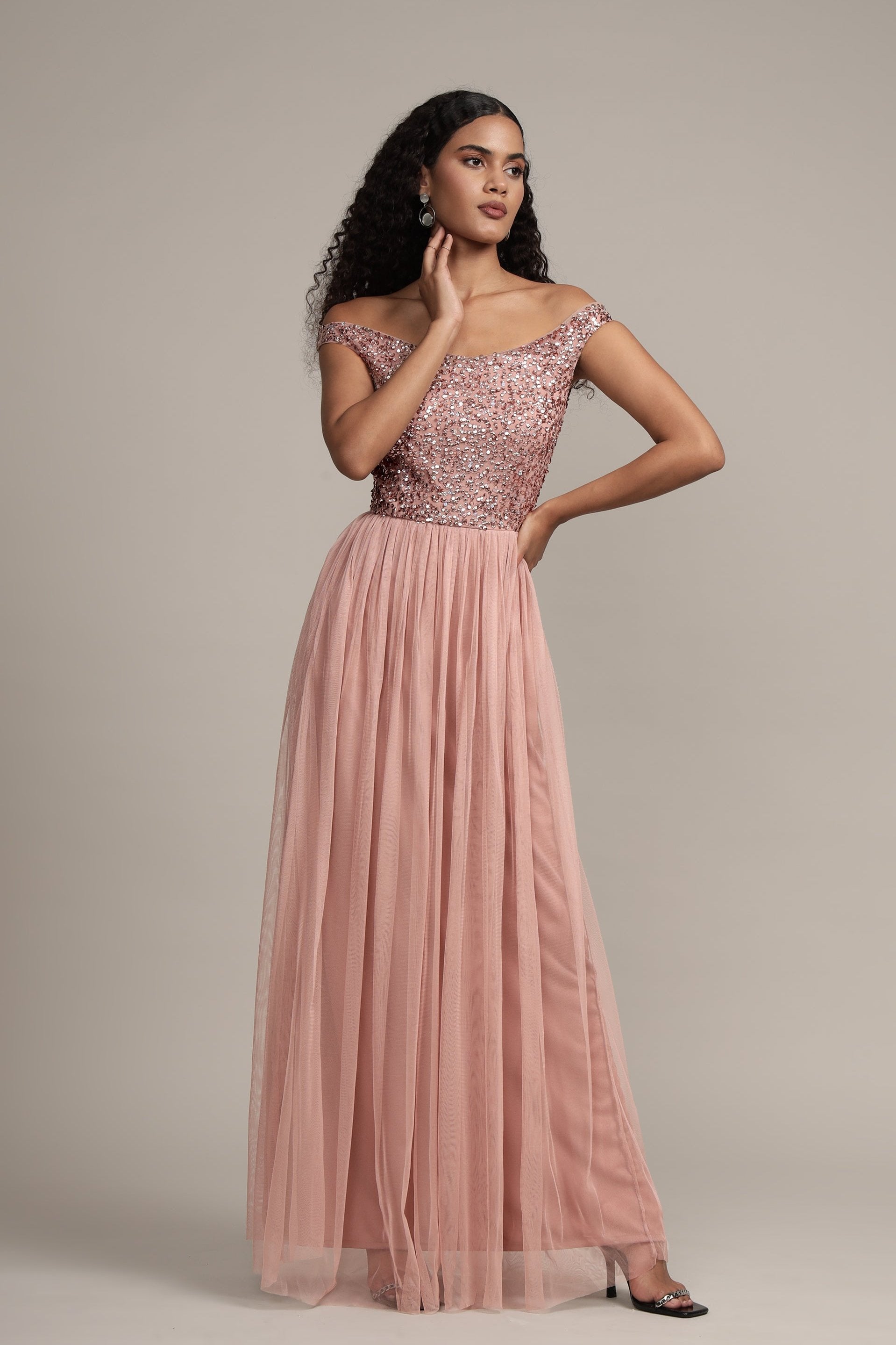 Nina Taupe Embellished Bridesmaid Maxi Dress – Lace & Beads