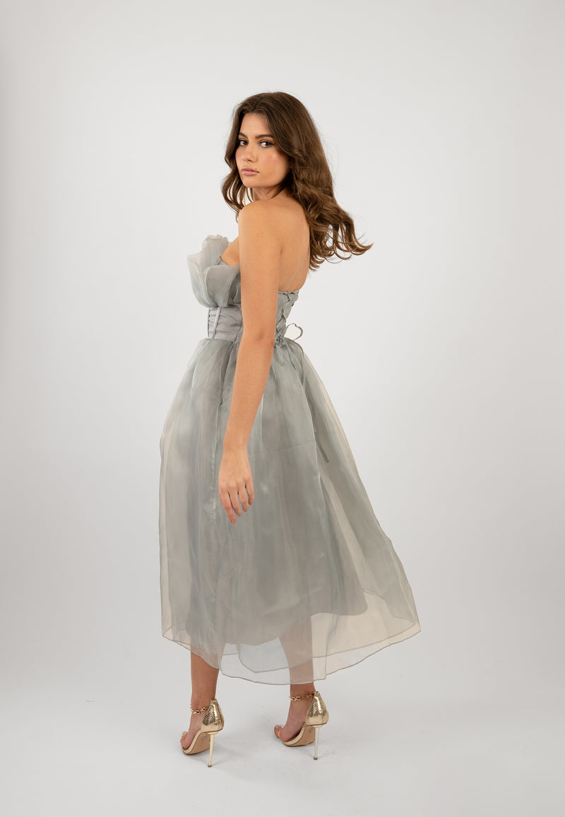 Noah Organza Midi Dress in Grey