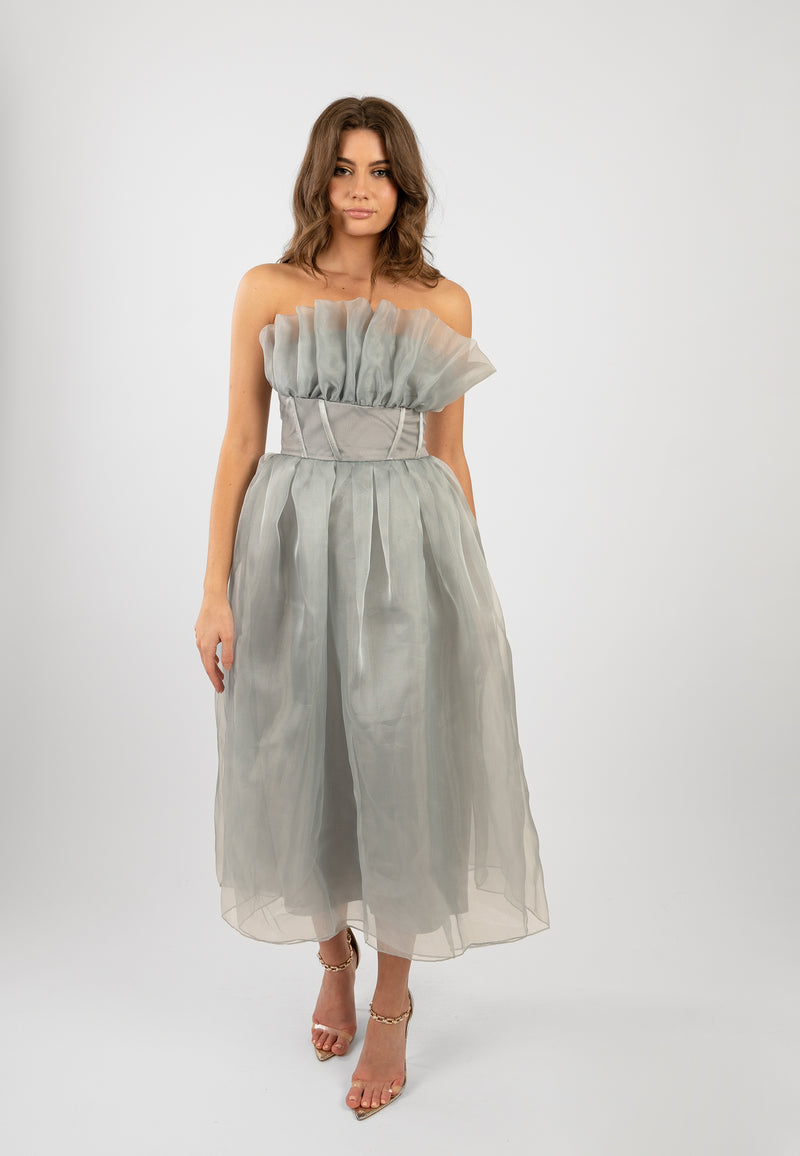 Noah Organza Midi Dress in Grey Lace Beads