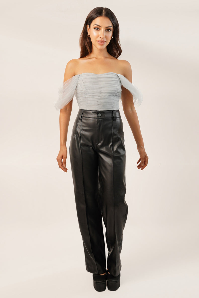 Nobe Off Shoulder Tulle Bodysuit in Grey
