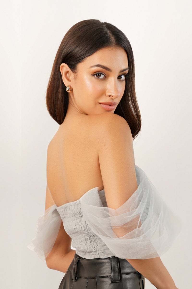 Nobe Off Shoulder Tulle Bodysuit in Grey