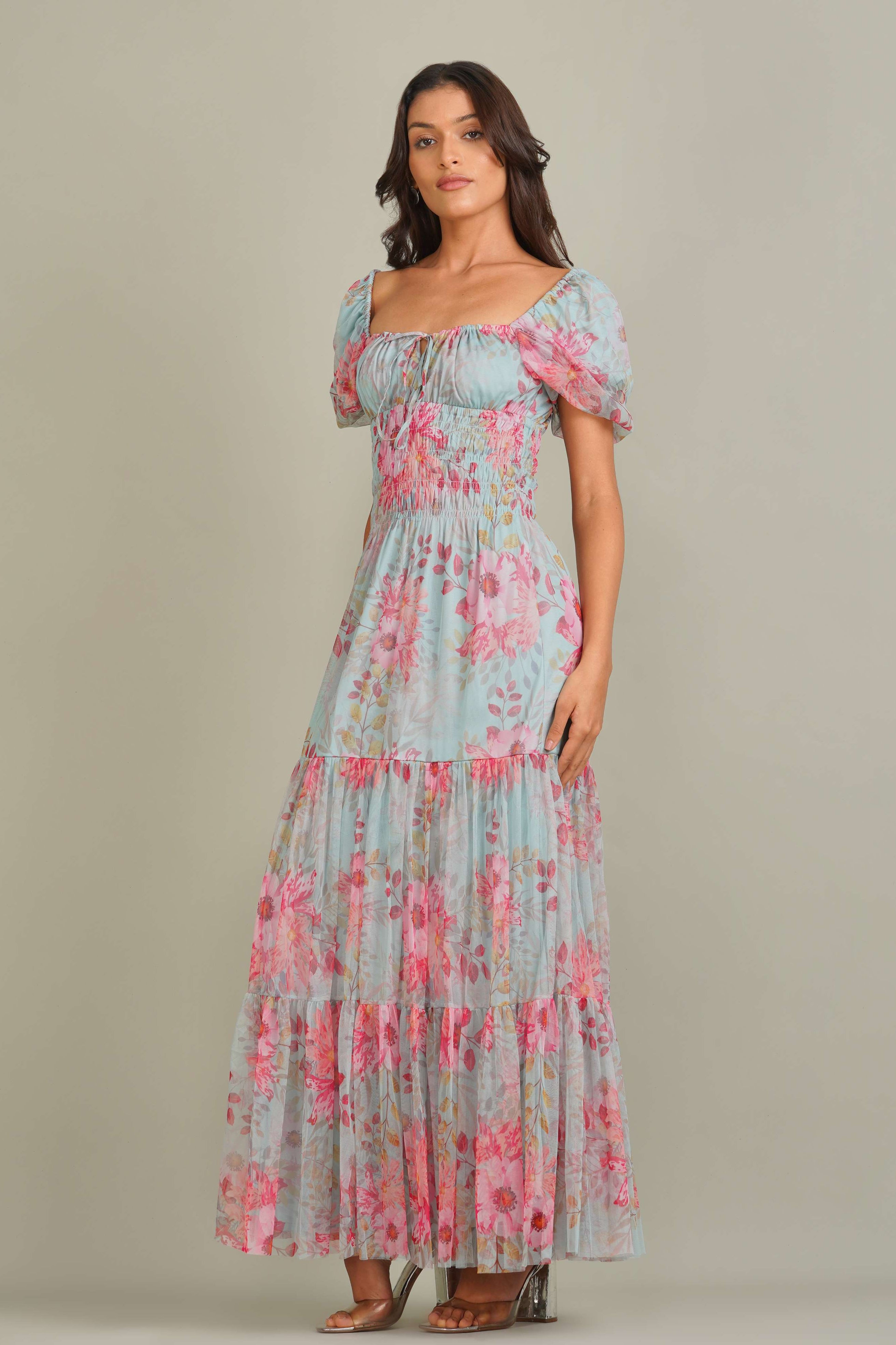 Puff sleeve smocked waist maxi in pink floral mint teal holiday vacation