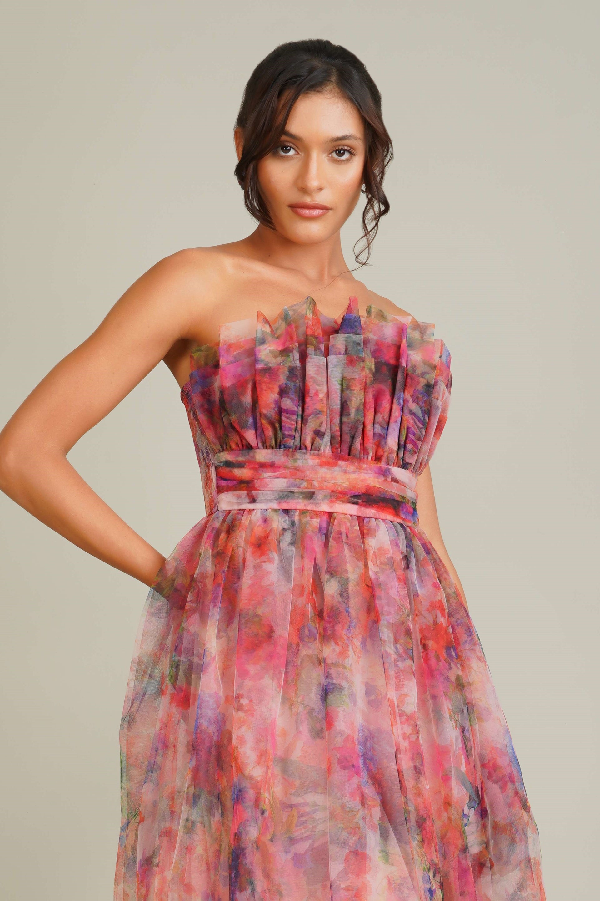 Nusrat Tulle Midi Dress in Mixed Floral