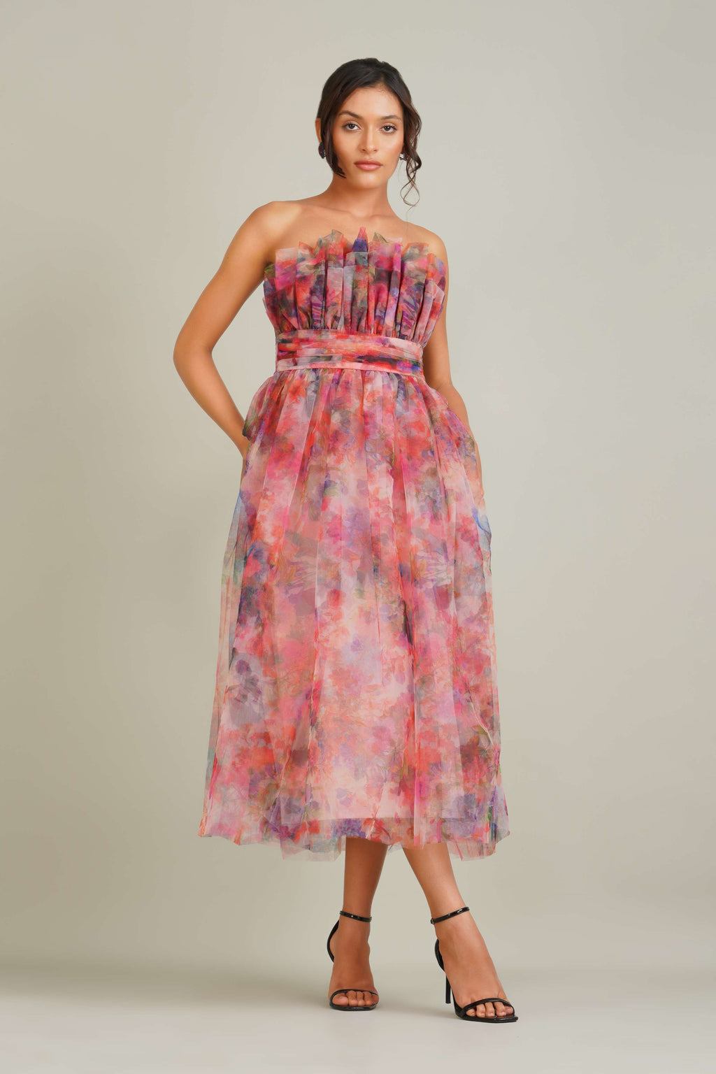 Nusrat Tulle Midi Dress in Mixed Floral