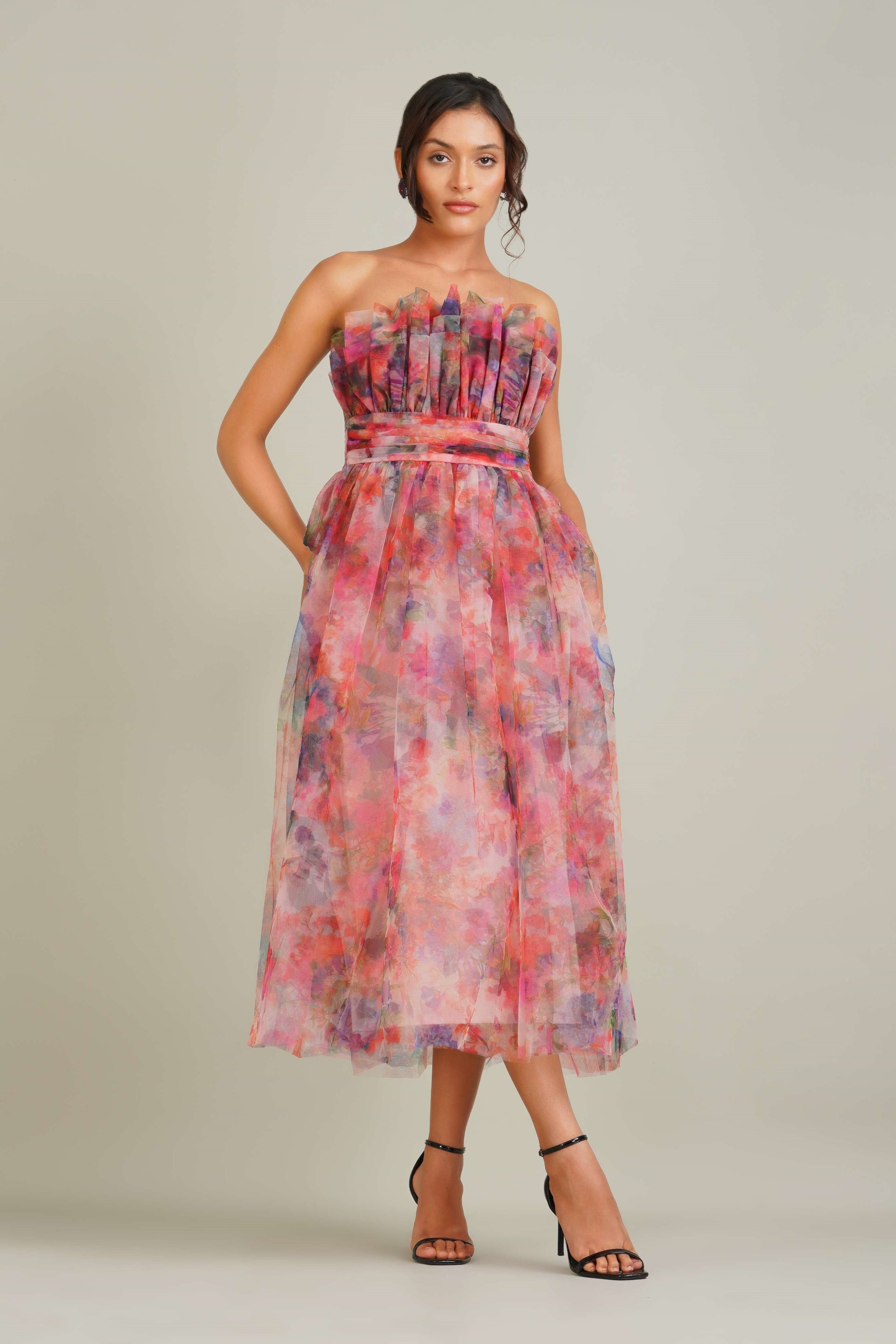 Nusrat Tulle Midi Dress in Mixed Floral