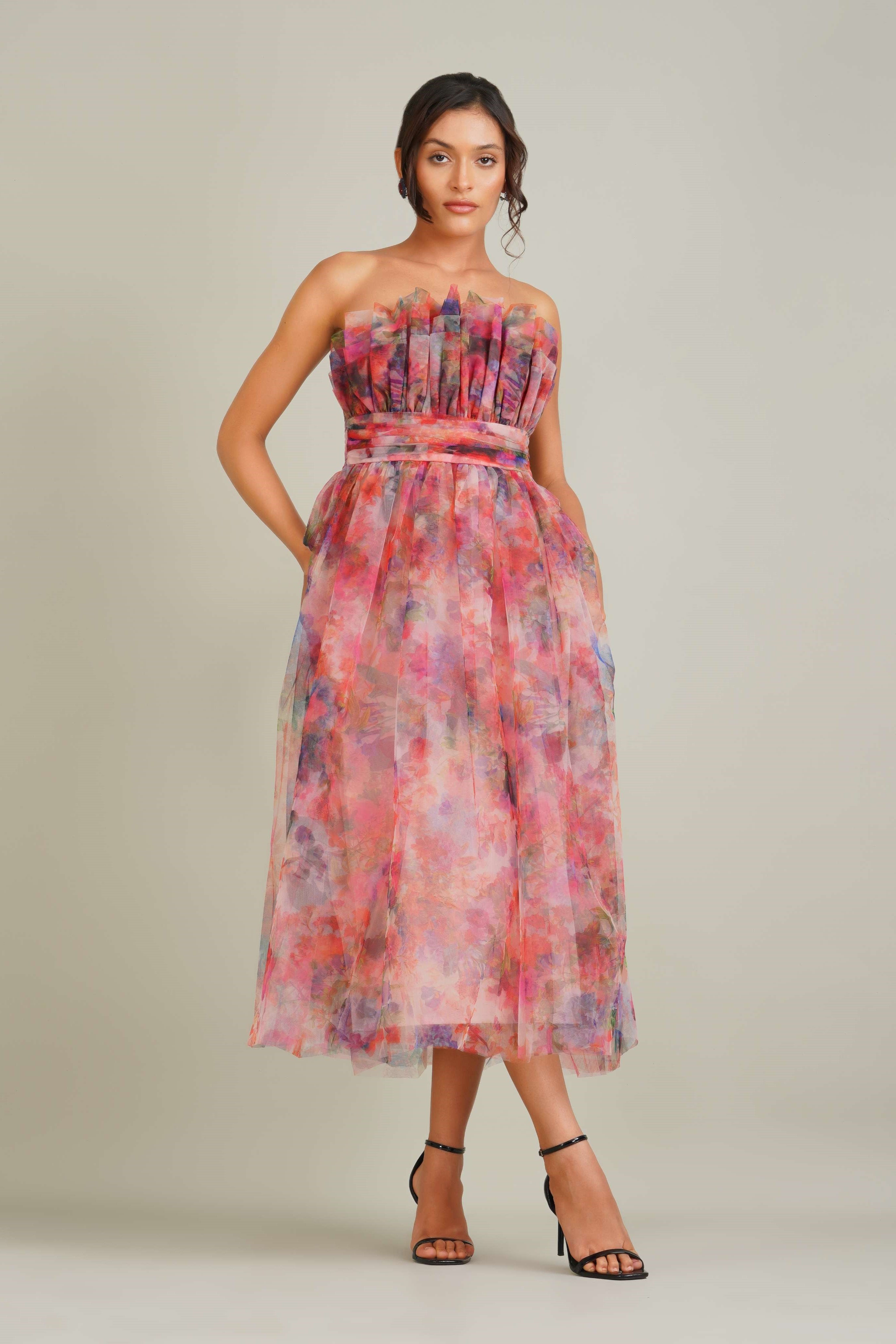 Nusrat Tulle Midi Dress in Mixed Floral
