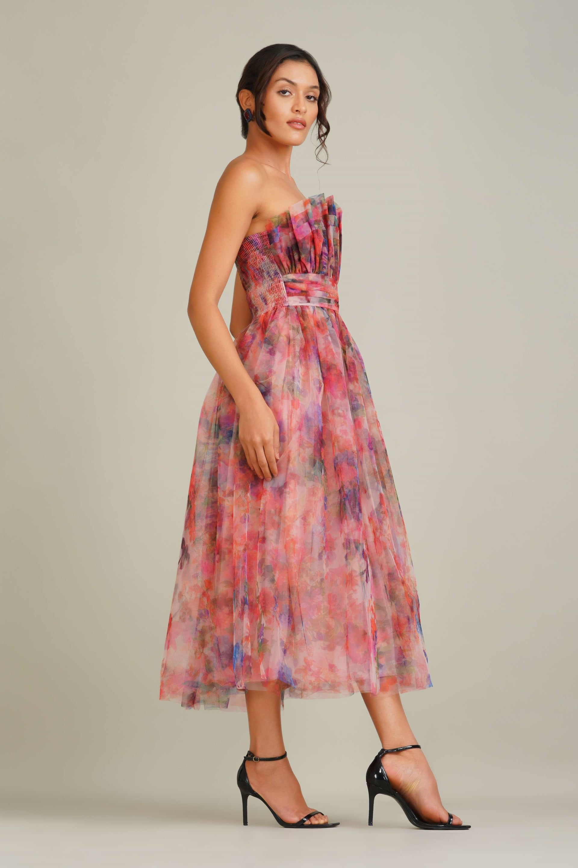 Mixed Floral Stiff Tulle Midi Pink Blue Bridesmaid Wedding Guest Dress