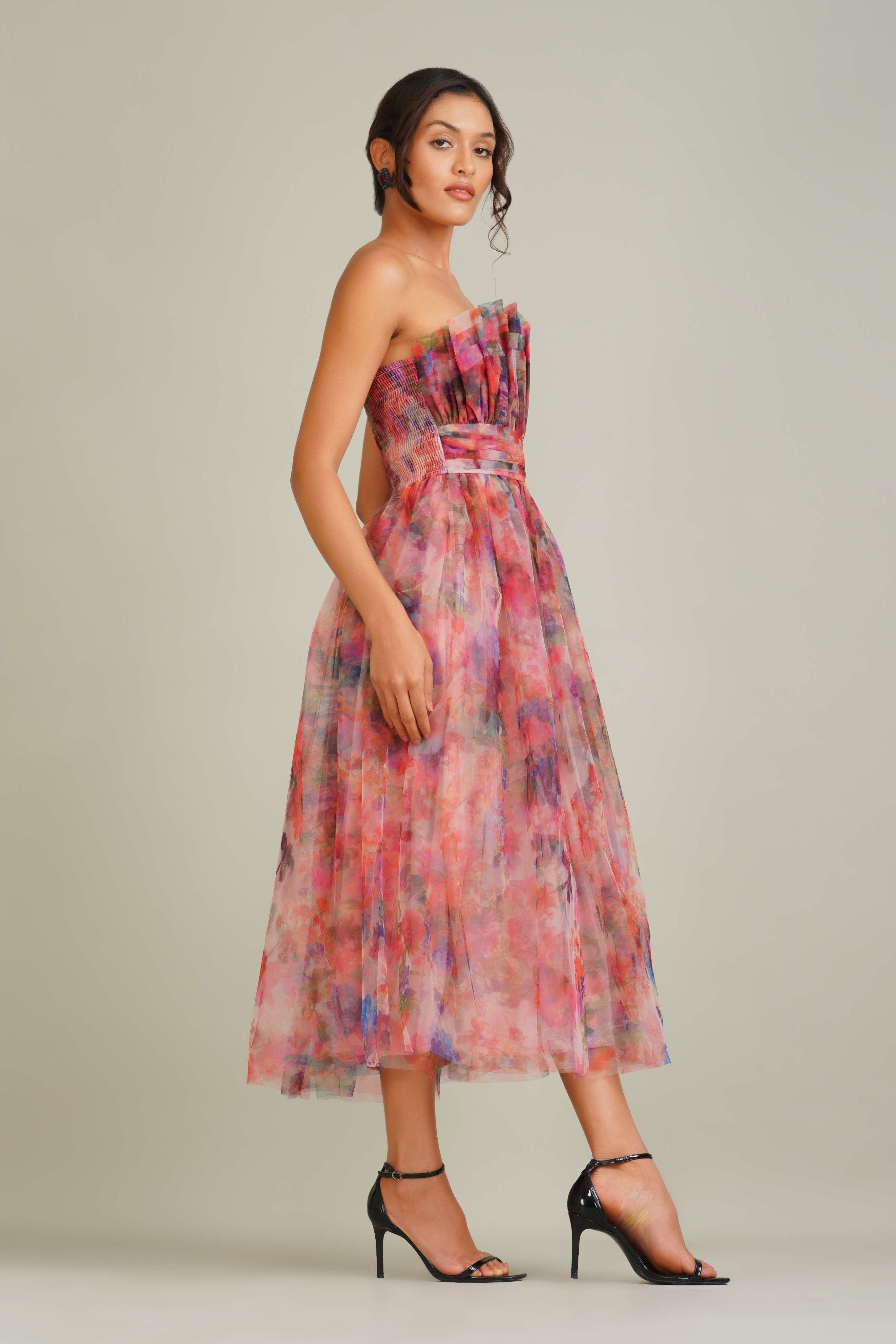 Mixed Floral Stiff Tulle Midi Pink Blue Bridesmaid Wedding Guest Dress