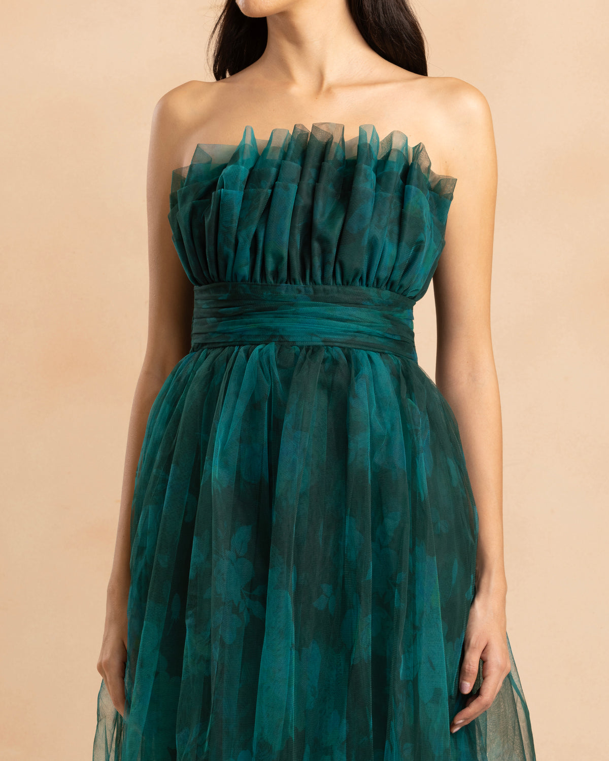 Nusrat Tulle Midi Dress in Jade Green Floral