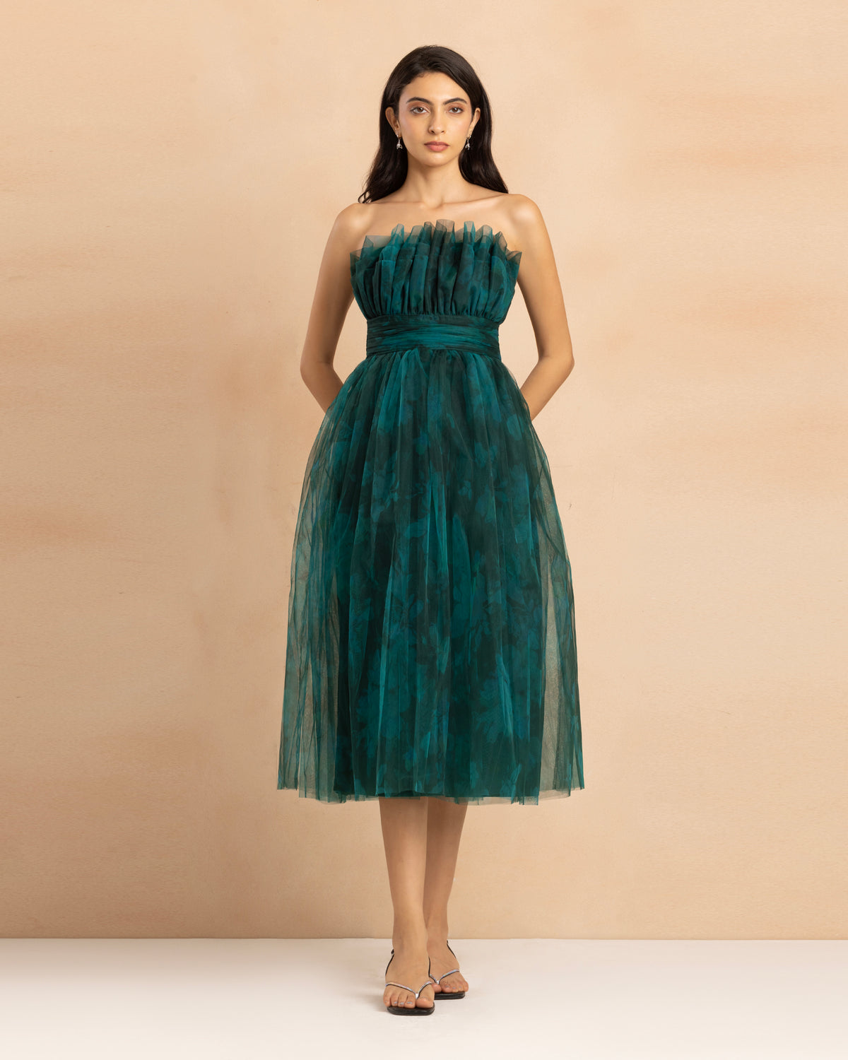 Nusrat Tulle Midi Dress in Jade Green Floral