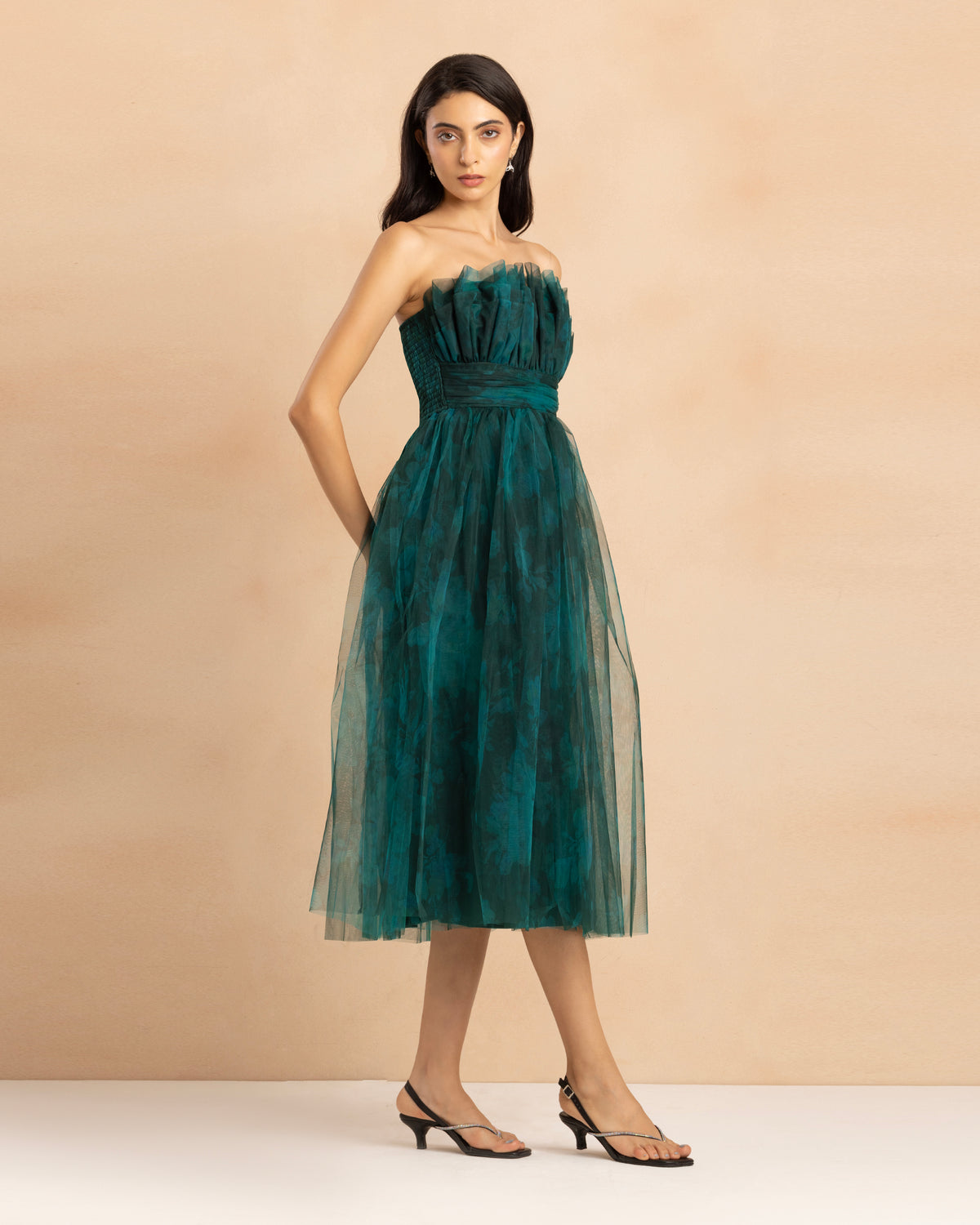 Nusrat Tulle Midi Dress in Jade Green Floral
