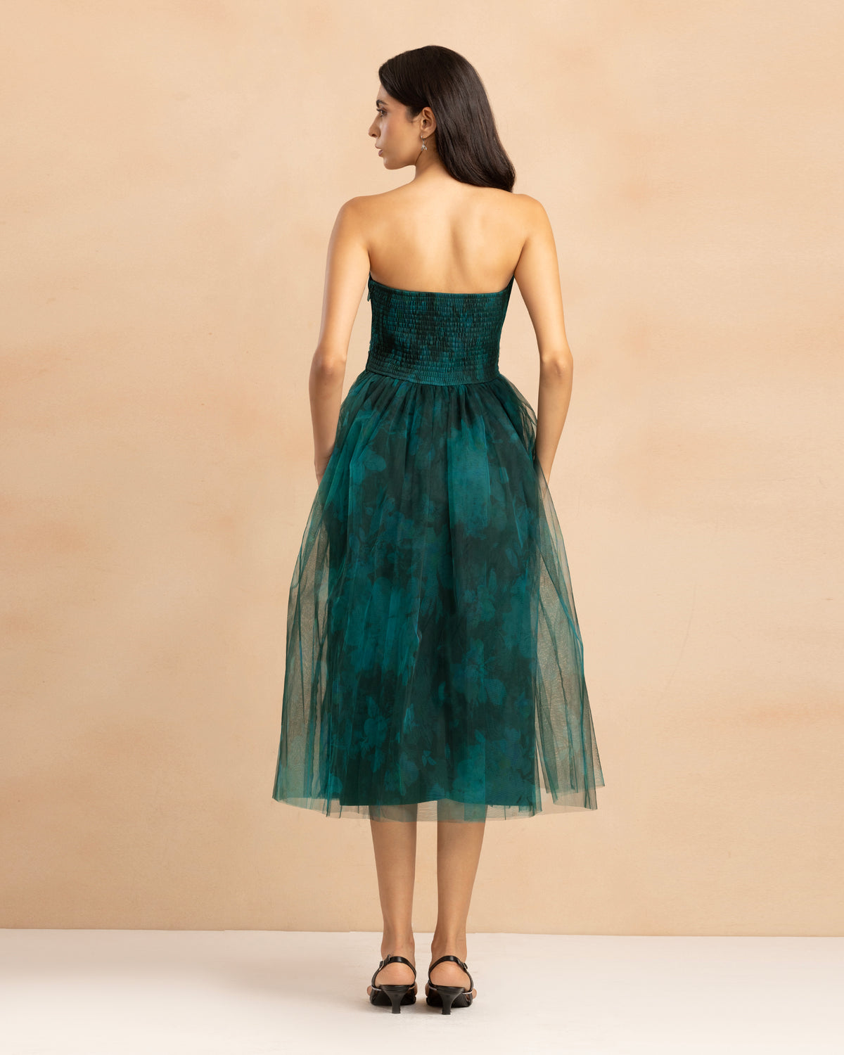 Nusrat Tulle Midi Dress in Jade Green Floral