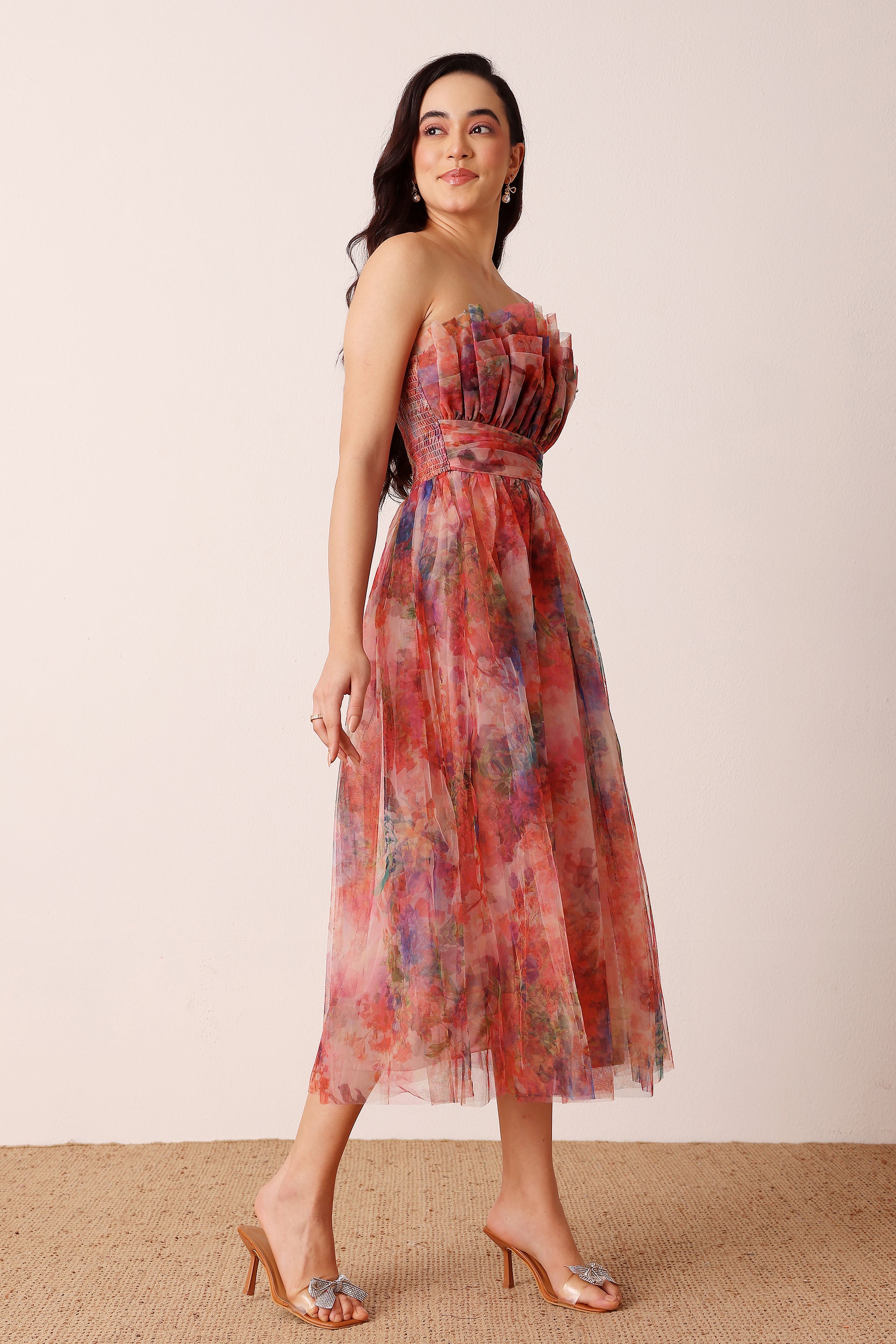 Nusrat Tulle Midi Dress in Mixed Floral
