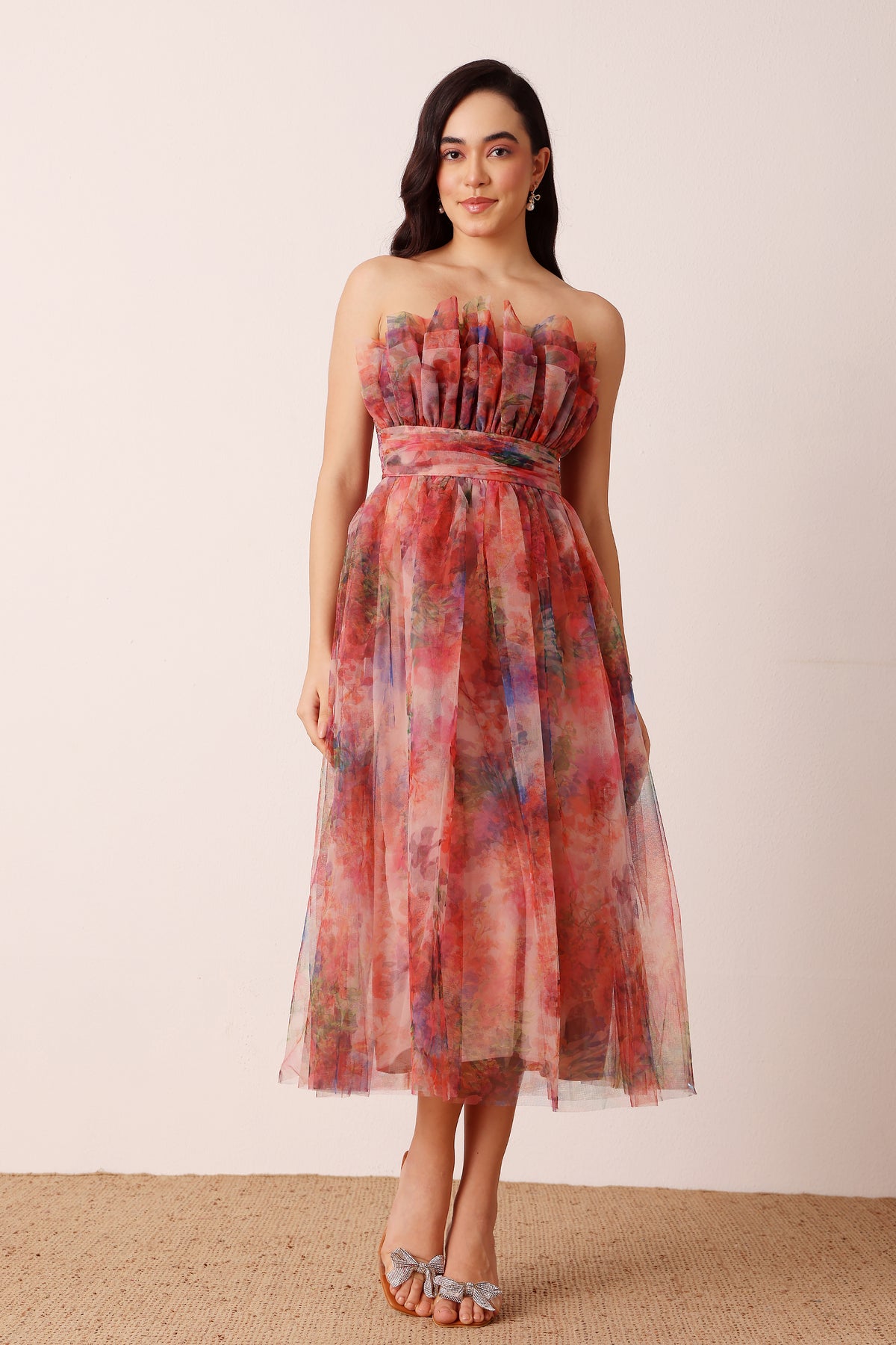 Nusrat Tulle Midi Dress in Mixed Floral