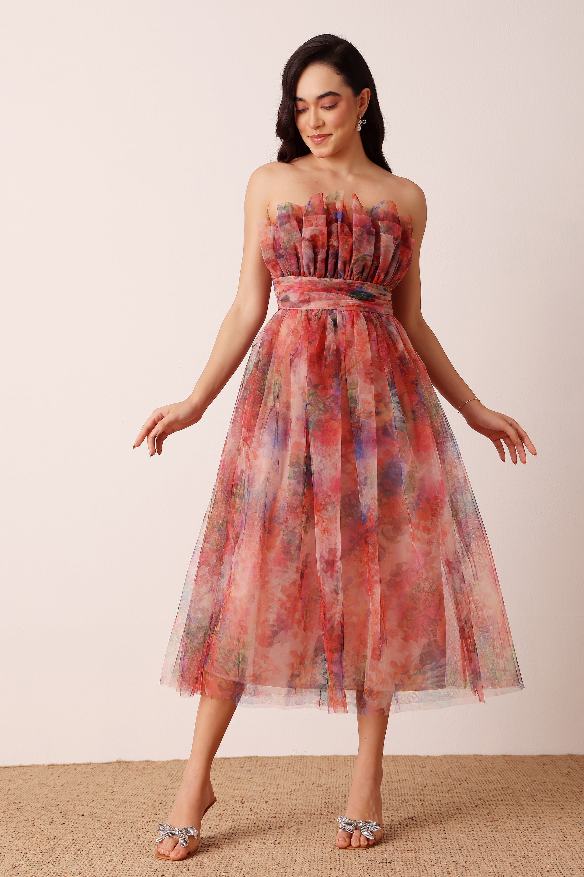 Nusrat Tulle Midi Dress in Mixed Floral