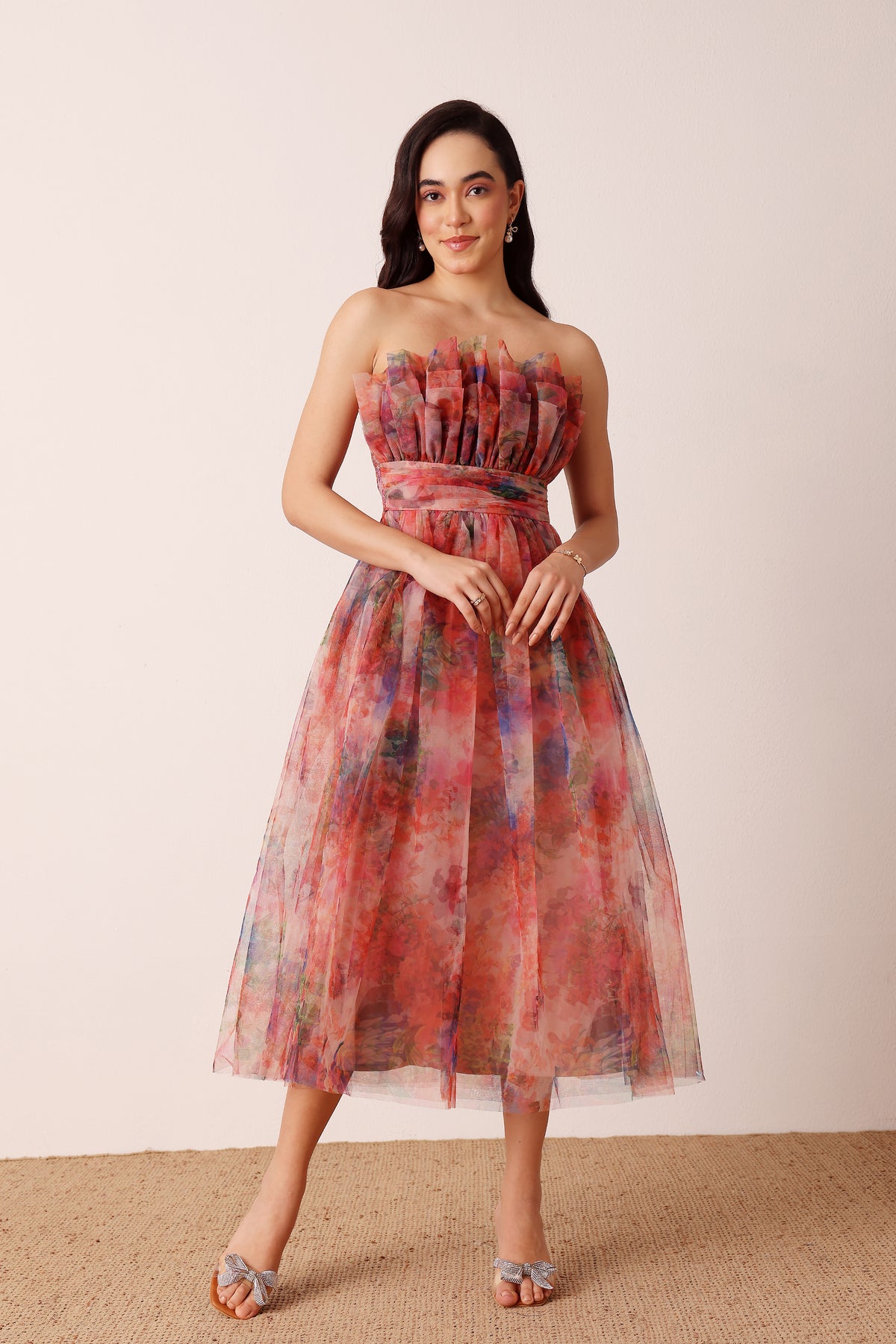 Nusrat Tulle Midi Dress in Mixed Floral