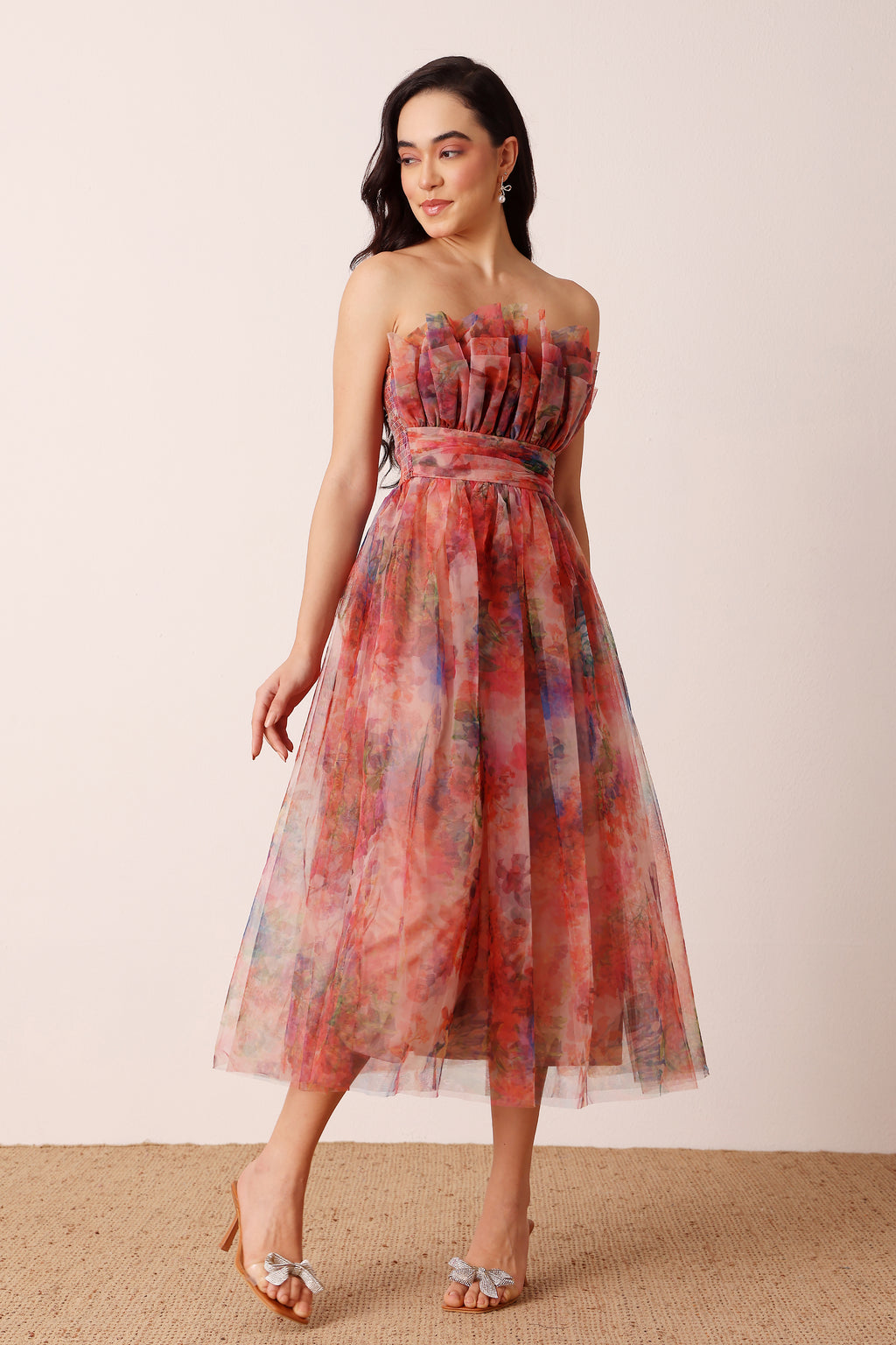 Nusrat Tulle Midi Dress in Mixed Floral