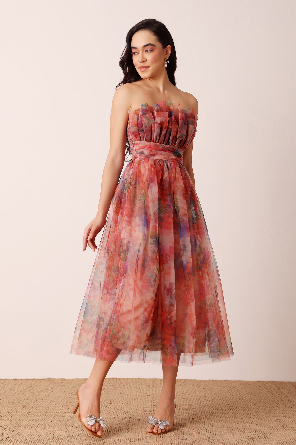 Nusrat Tulle Midi Dress in Mixed Floral