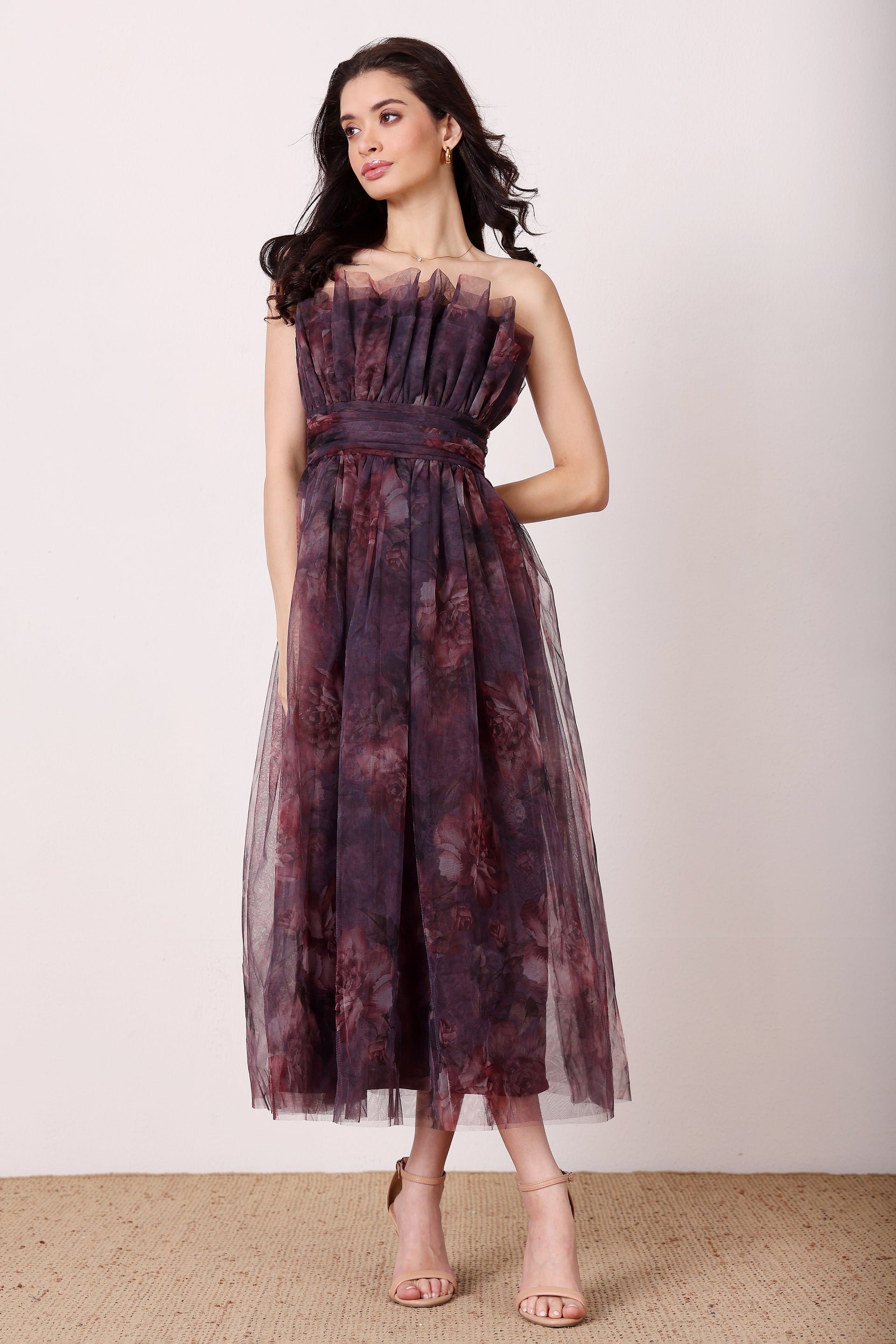 Nusrat Tulle Midi Dress in Plum Floral