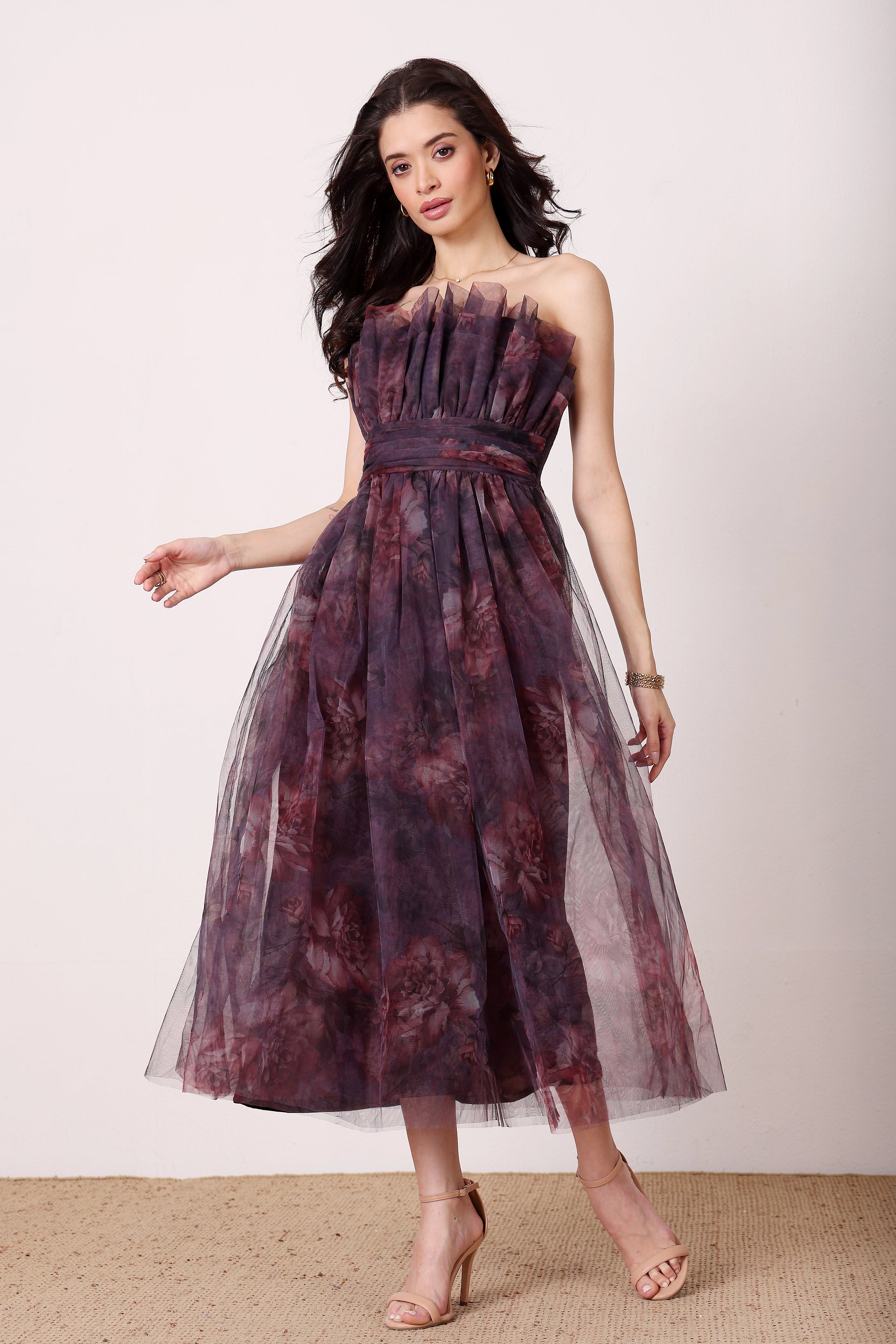 Nusrat Tulle Midi Dress in Plum Floral