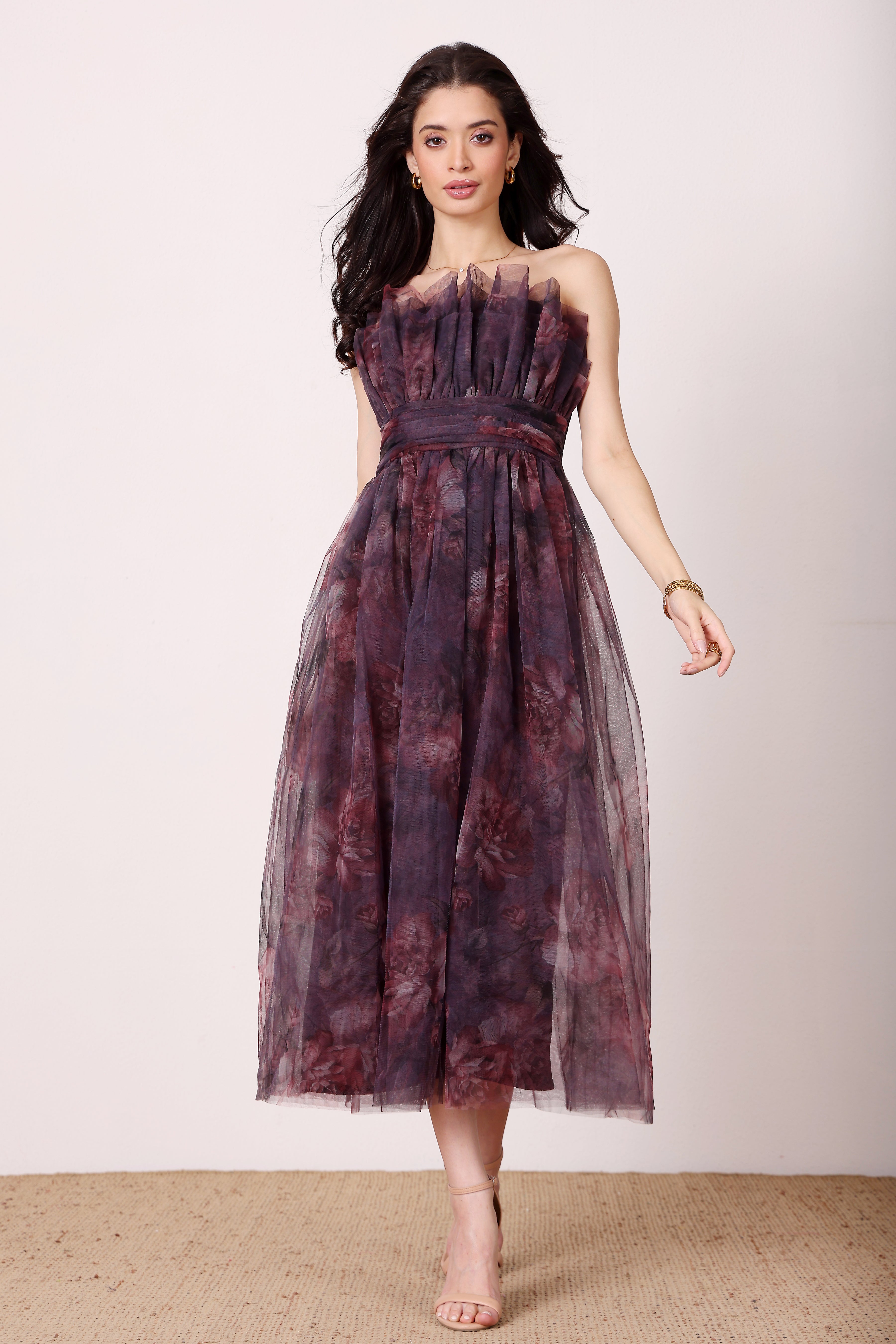 Nusrat Tulle Midi Dress in Plum Floral