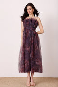 Strapless shirred back bandeau cinched waist plum floral tulle mesh midi formal wedding dress