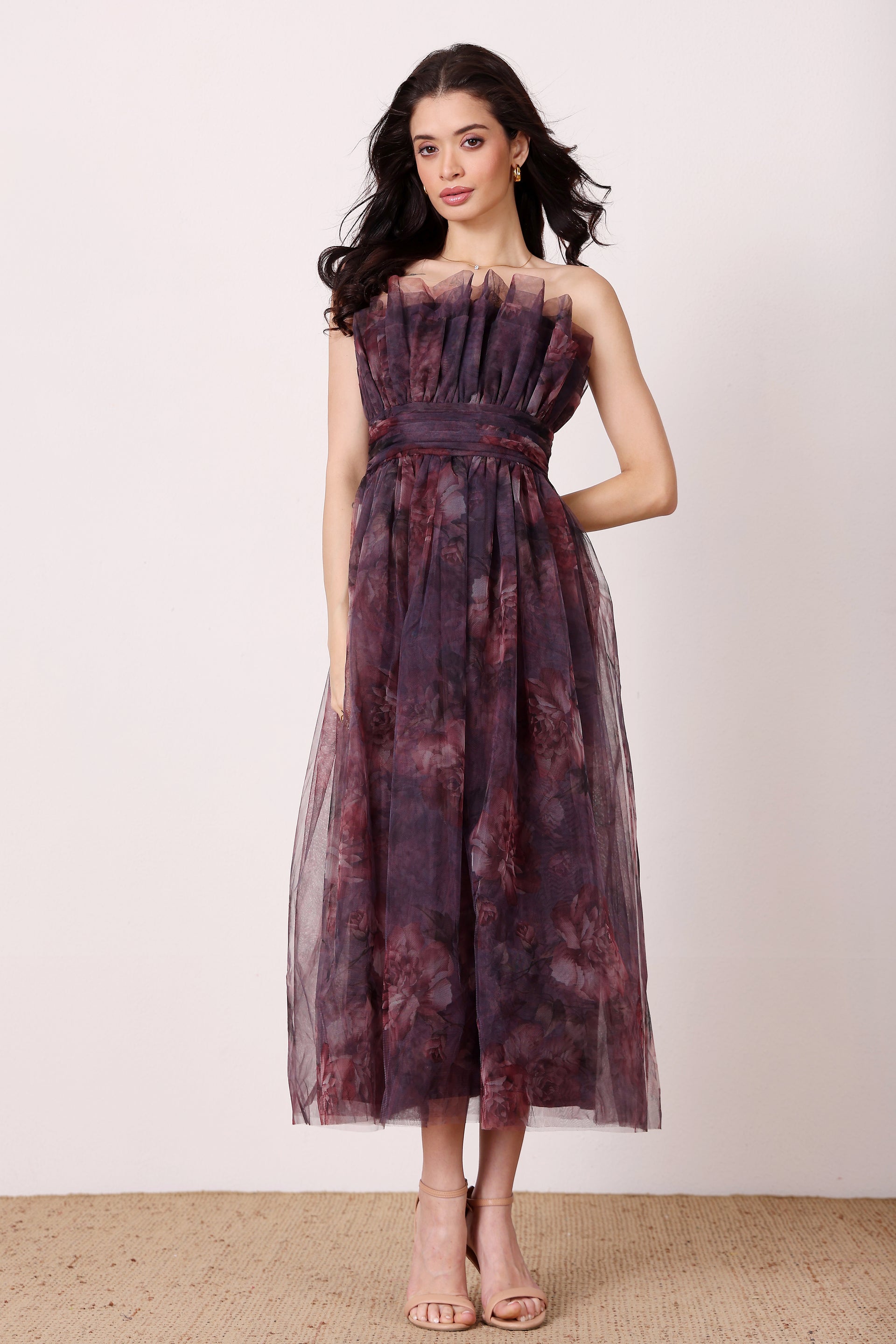 Strapless shirred back bandeau cinched waist plum floral tulle mesh midi formal wedding dress