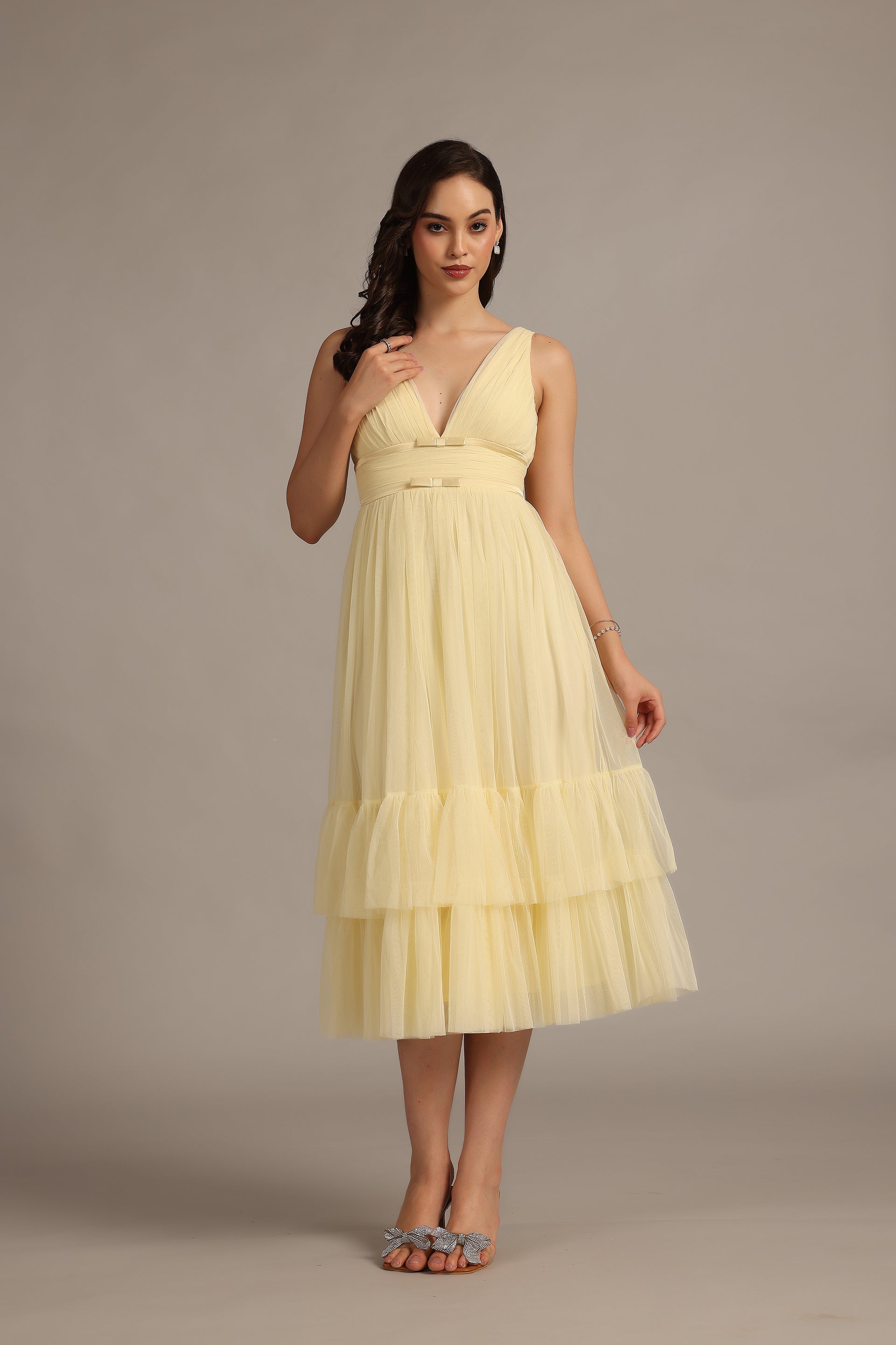 Buttercup Yellow Tulle Wedding Bridesmaid Garden Party Sleeveless Plunging Midi Dress